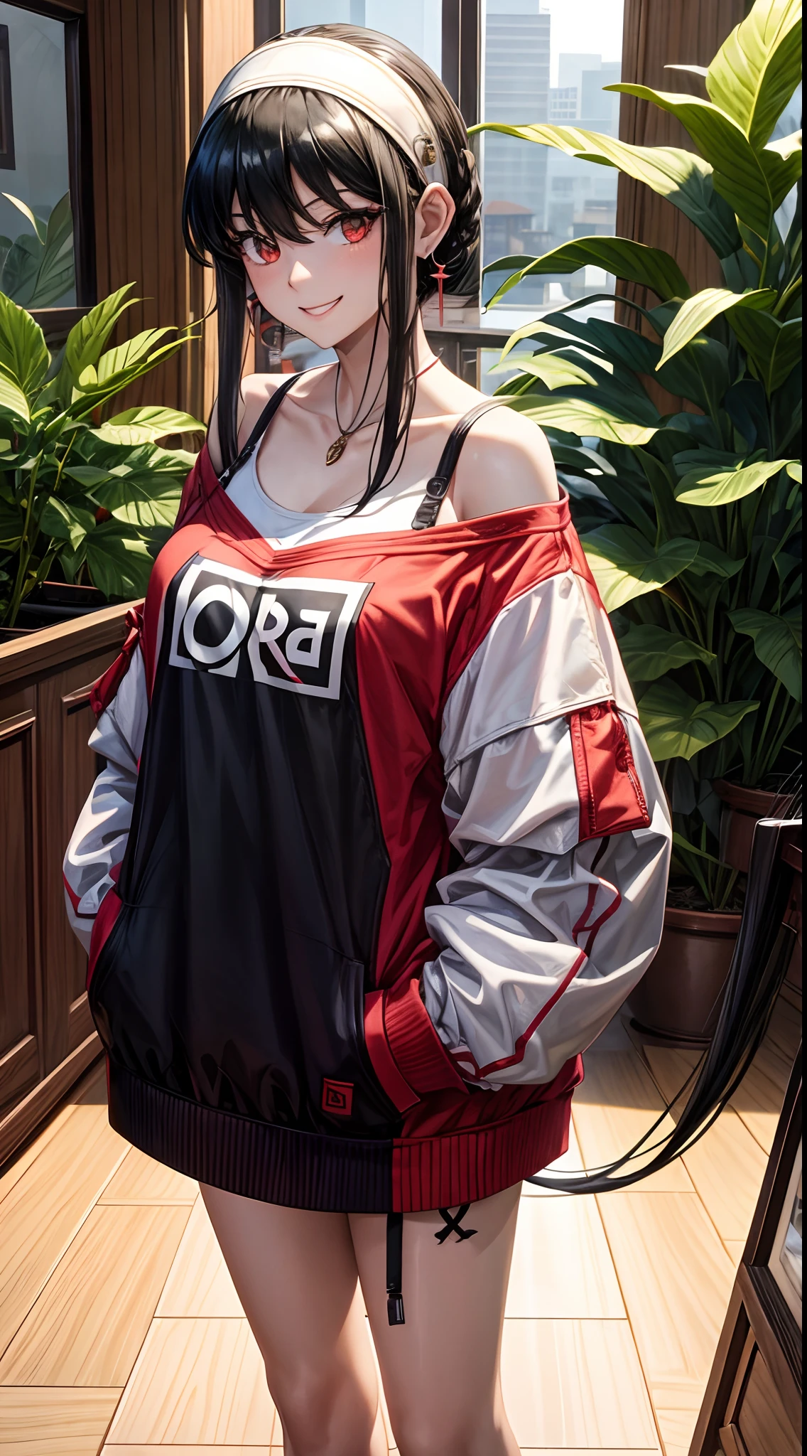 masterpiece, yor, 1girl, solo, looking at viewer, cute smile, black hair, red eyes, wearing Streetwear Hoodie, jewelry, collarbone, sidelocks, hairband, earrings, indoors, arms behind back, plant, short hair with long locks, white hairband, big side hair, very long side hair,