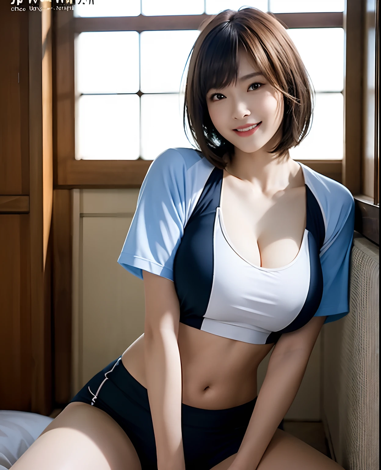 Japan girl wearing sports underwear、((White panties are visible))、(Squatting panty shots),Navy Blue Underwear,((top-quality,8K,​masterpiece:1.3)),Crisp focus:1.2,Cute woman with perfect body shape:1.4,The best smile,Young Face、You can see the double teeth、Light Brown Medium Bob Hair、A slender,abdominals:1.2,Oiled shiny skin,Highly detailed facial and skin texture,A detailed eye,二重まぶた,mekosji,((Open legs:1.5,)),(japanaese girl),（Do not hide the lower body:1.6),sports gym、Nogizaka Idol System、Idol、hposing Gravure Idol、