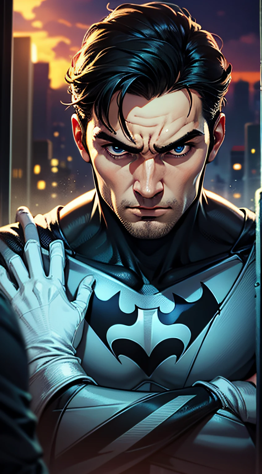 Batman,macho, alto, Piece, musculoso, terno preto e verde neon, detalhes em verde neon no terno, best quality, master part, Cabo preto longo, orelhas curtas no capacete, olhos brancos, sem alunos, serious face, terno ultra detalhado, Rosto detalhado, pose poderosa, best quality, high resolution:1.2, cinto de ultilidade cinza escuro, Noite, atmosfera escura, Cabo Fluindo, Premiado, Sombra, Volumetric lighting. Na manga, 1st grade, Superman abdominais, Somente, cabelos pretos, Bodysuit azul, olhos azuis, Bodysuit, cabo, boca fechada, folded arms, peitorais grandes, Foco masculino, musculoso, musculoso masculino, pectoral elevation, Peitorais, capa vermelha, short hair, fundo simples, sozinho, Superheroíne, parte superior do corpo , ((master part))