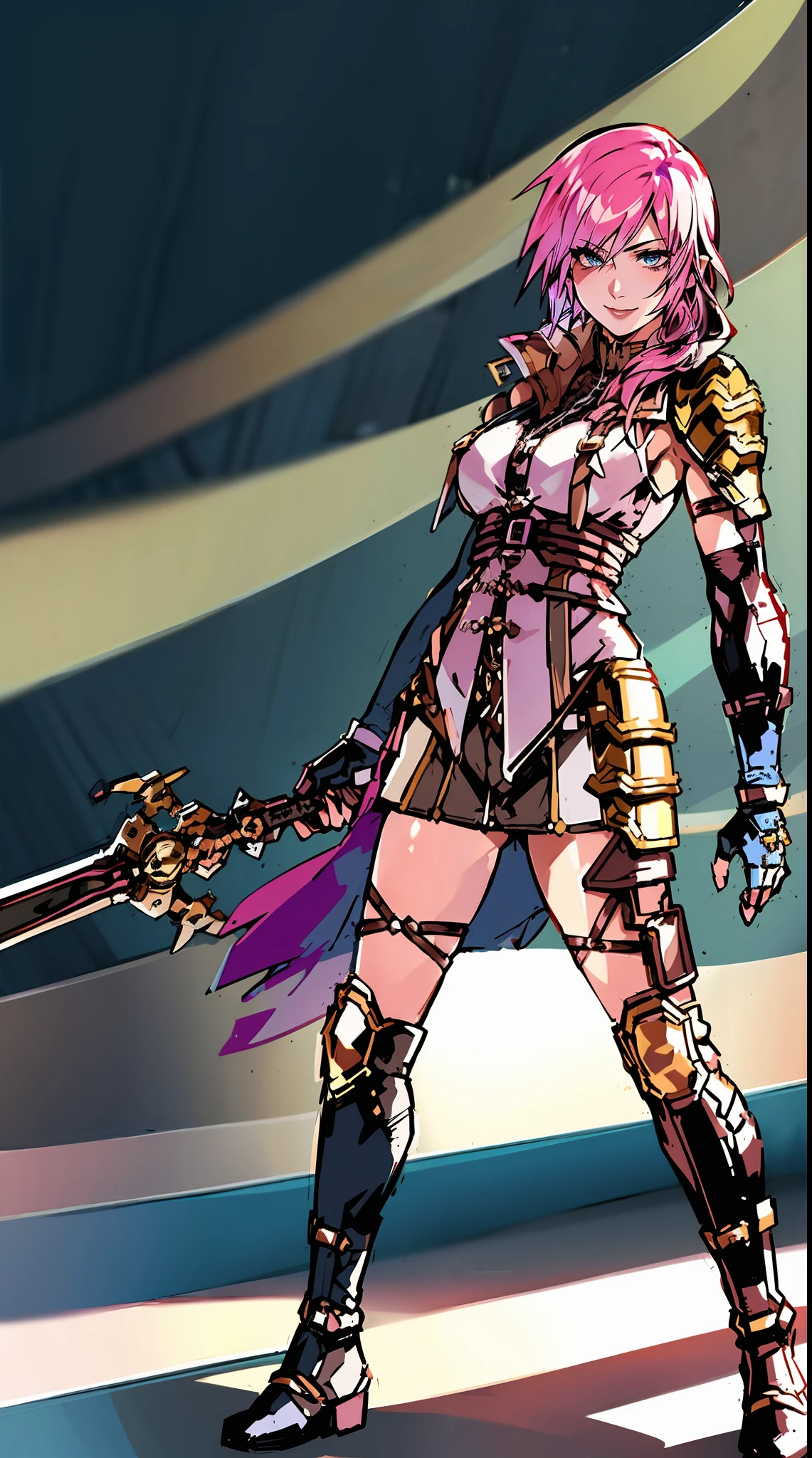 , priestess, full body, flipflops, pants,smile, armor, knight,, holding staff,lora:LightningFF:0.67>, masterpiece, highest quality, RAW, analog style, A stunning full body portrait of a beautiful woman, pink hair, pale skin, vibrant blue eyes, wearing leather suit, fantasy, steampunk, dark lighting, focused expression, (highly detailed skin, skin details), sharp focus, 8k UHD, DSLR, high quality, film grain, Fujifilm XT3, intricate details, highly detailed, cluttered and detailed background; full body, boots