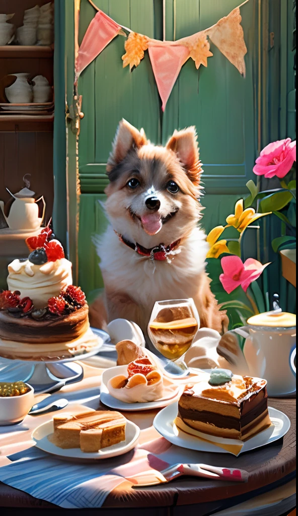 Cute little dog on a chair, Eat cake on the table,