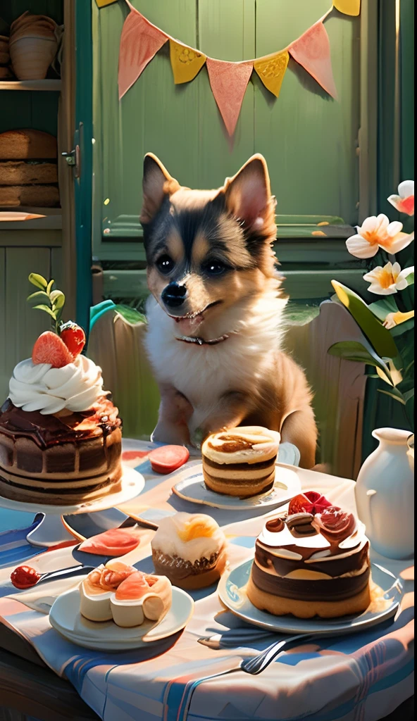 Cute little dog on a chair, Eat cake on the table,