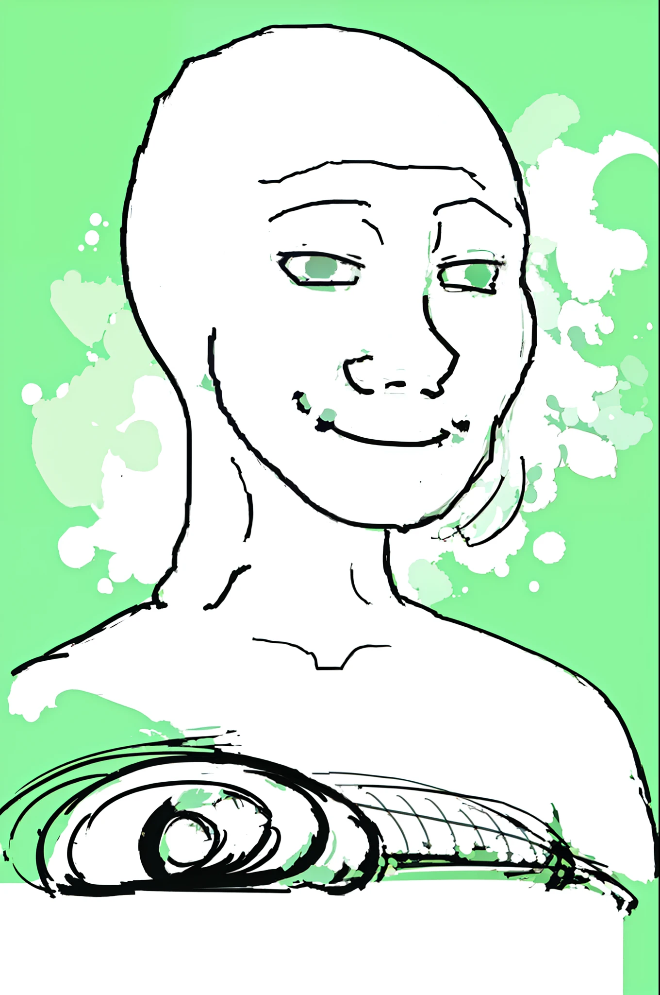 wojak, masterpiece, best quality, 1boy, simple background, solo, male focus, smile, monochrome, closed mouth, portrait, green background, jaggy lines, bald, half-closed eyes, meme