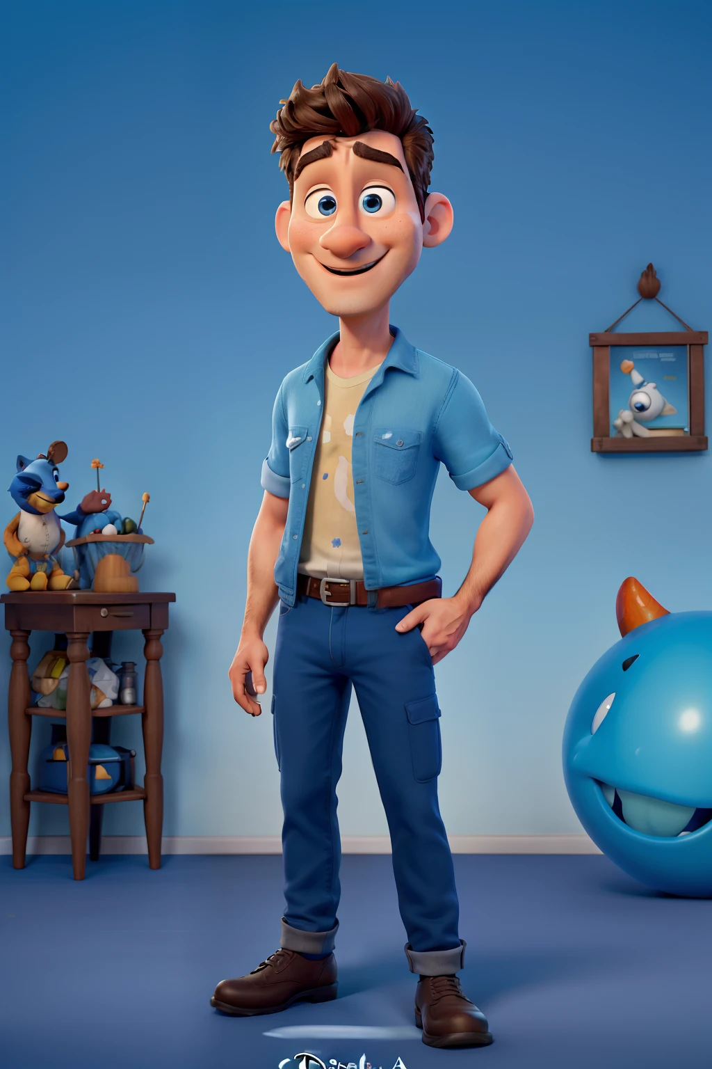 crie um cartaz de filme estilo disney de um homem segurando uma caneta azul. Nome do filme: Em busca da caneta azul. This man ain't that young, tem entre 35-45 anos. Ele gosta muito de cantar: "Caneta azul, azul caneta". Coloque o cartaz bem semelhante aos da Disney escrito: Em breve nos cinemas