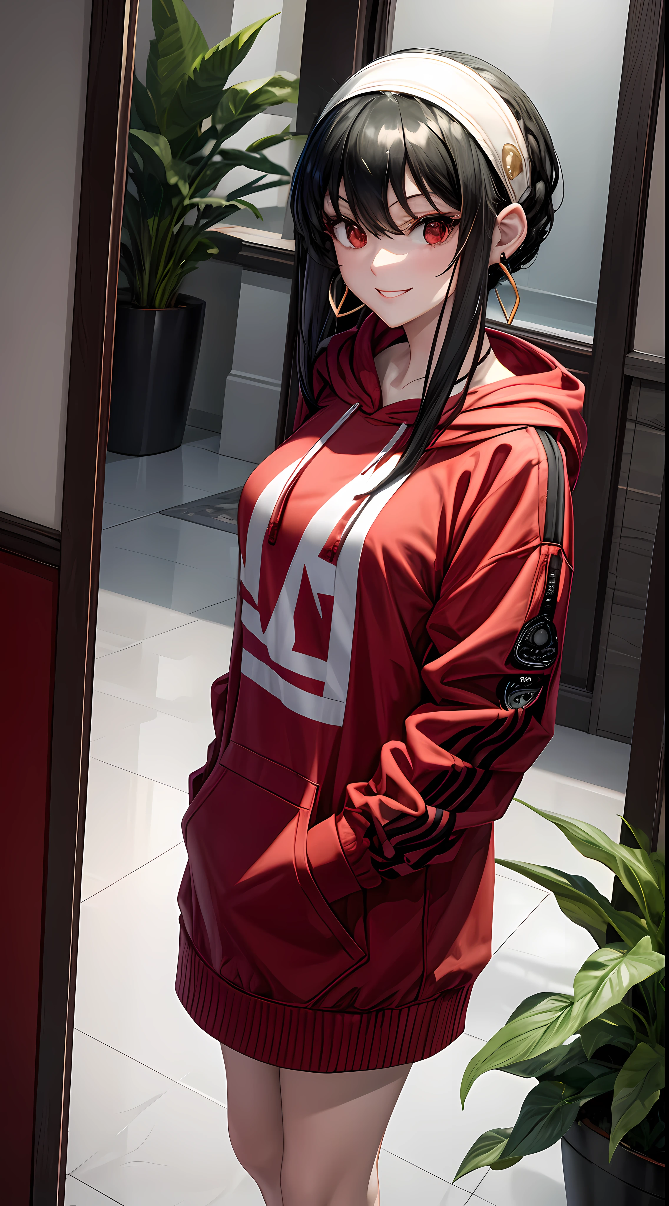 masterpiece, yor, 1girl, solo, looking at viewer, cute smile, black hair, red eyes, wearing Streetwear Hoodie, jewelry, sidelocks, hairband, earrings, indoors, arms behind back, plant, short hair with long locks, white hairband, big side hair, very long side hair,