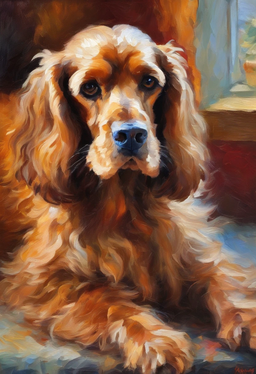 in the style of Neo-Impressionism, cocker spaniel laying in front of a fireplace.