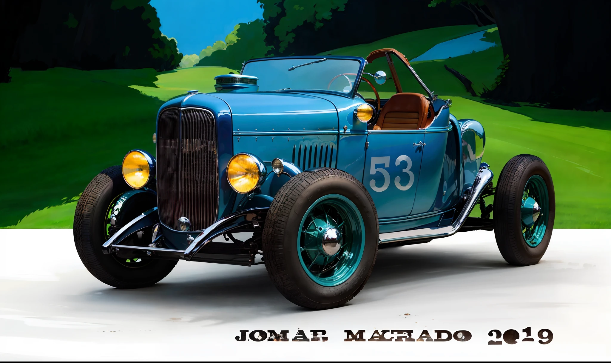 Beautiful 1932 Ford convertible car in front of a lawn surrounded by greenery and a blue sky in the background