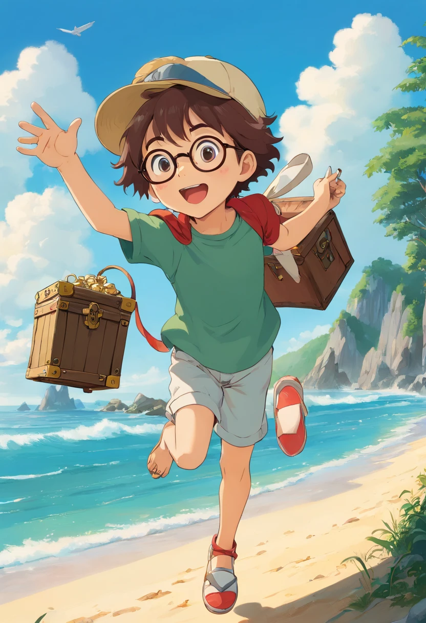 No ambiente de segundo plano, there is a beach; com areia dourada; O mar brilhando; dia ensolarado; a clear blue sky. nesta praia existem 03 amigos, sendo eles: 01 brown-haired boy with a red cap; sorridente; segurando um mapa do tesouro.
01 menino com cabelo espetado; vestindo uma camiseta verde; holding a treasure chest; it's jumping excitedly.
01 ma menina com cabelo cacheado; wearing glasses; usando uma saia colorida; Is holding binoculars; apontando para um farol majestoso ao fundo.
