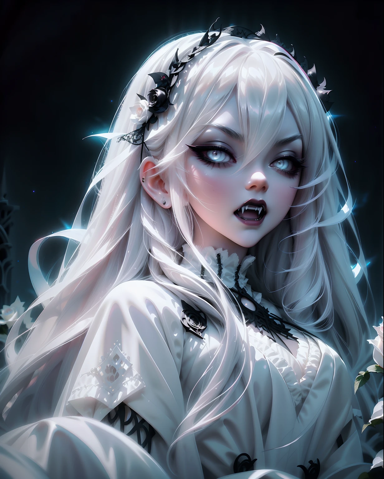 anime Vampire Princess, long white hair, gothic style, roses in hair, dark black eyelashes, white glow irises, fangs, light blue dress, digital illustration, comic style, gothic renaissance, perfect anatomy, centered, approaching perfection, dynamic, highly detailed, gothic castle detailed background, blood,  artstation, concept art, smooth, sharp focus, illustration, art by wlop and ross tran ,glitter