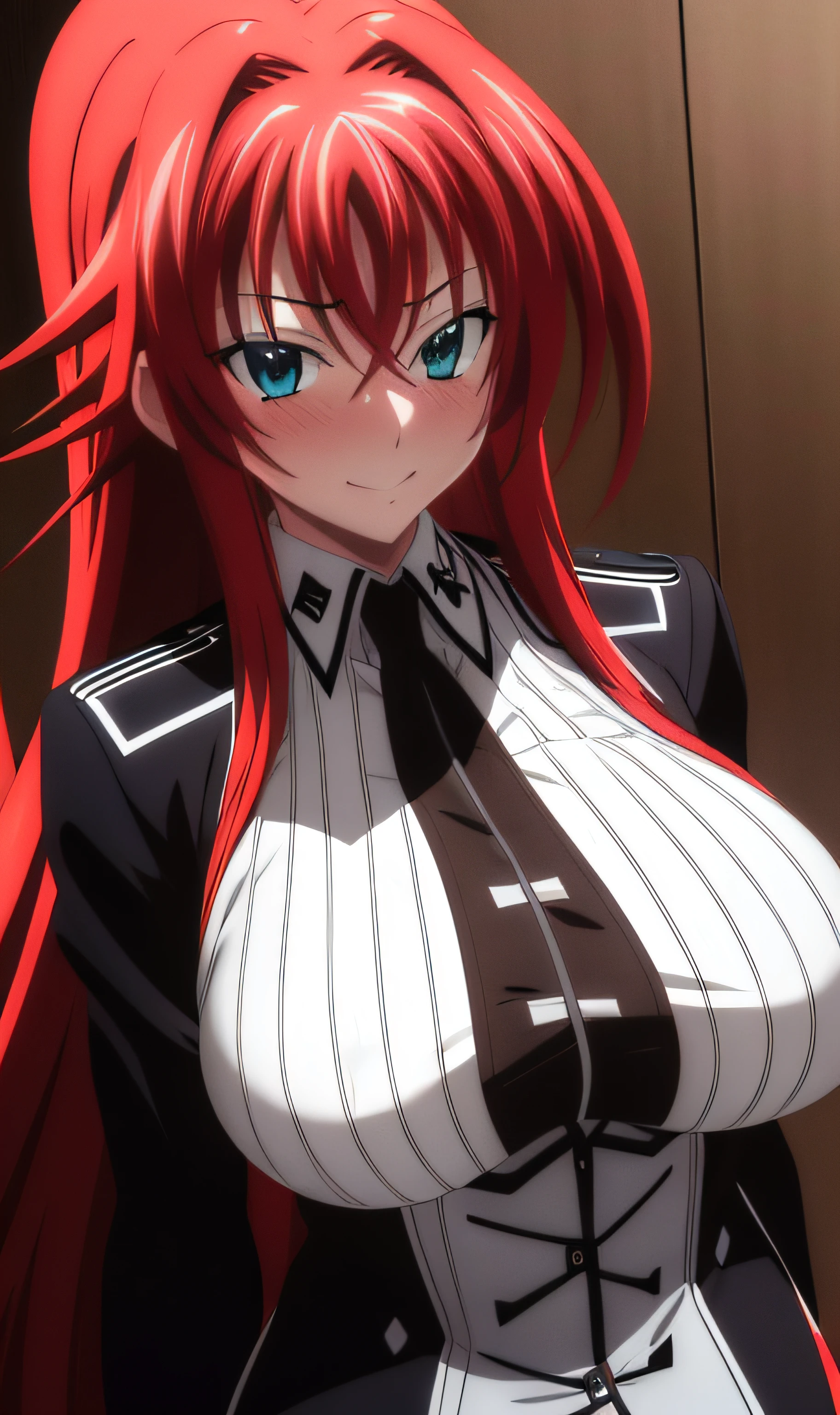 Meisterwerk, best quality, 1girls, Lange Haare, Blick auf den Betrachter, :3, niedlich, Schuluniform, al fresco, roads, big boobs, kurvig, (((blaue Augen))), rotes Haar, Antennenhaare, gewelltes Haar, ((beautiful detailed eyes, beautiful detailed glow)), Anime, Rias Gremory