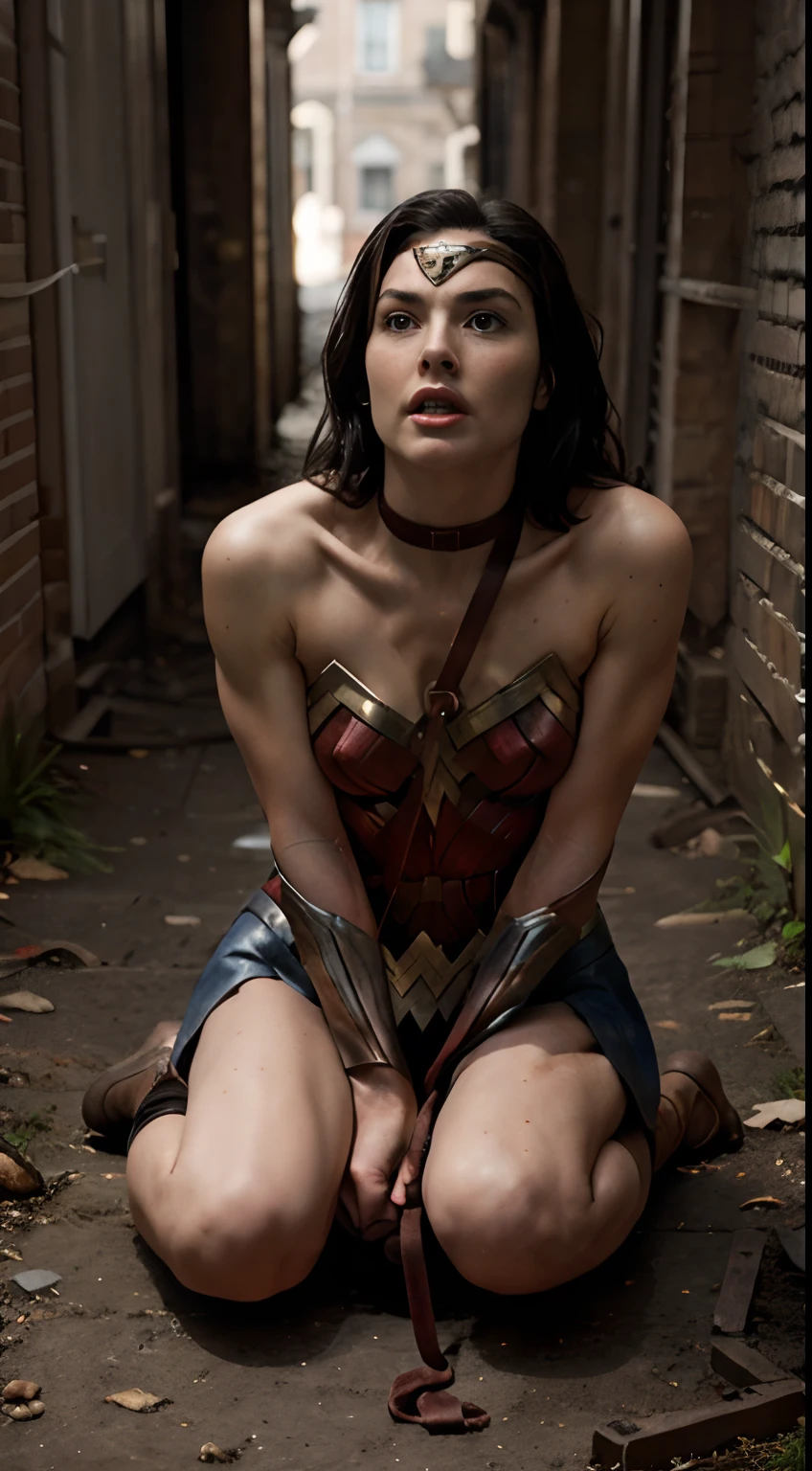 Wonder Woman with skirt hanging from the ceiling with her arms tied by a rough rope、perspiring、Ropes tied her body、a wet body、Rough rope that cuts into the crotch, Strongly tied up、Hands tied、legs hanging in shackles, no floor