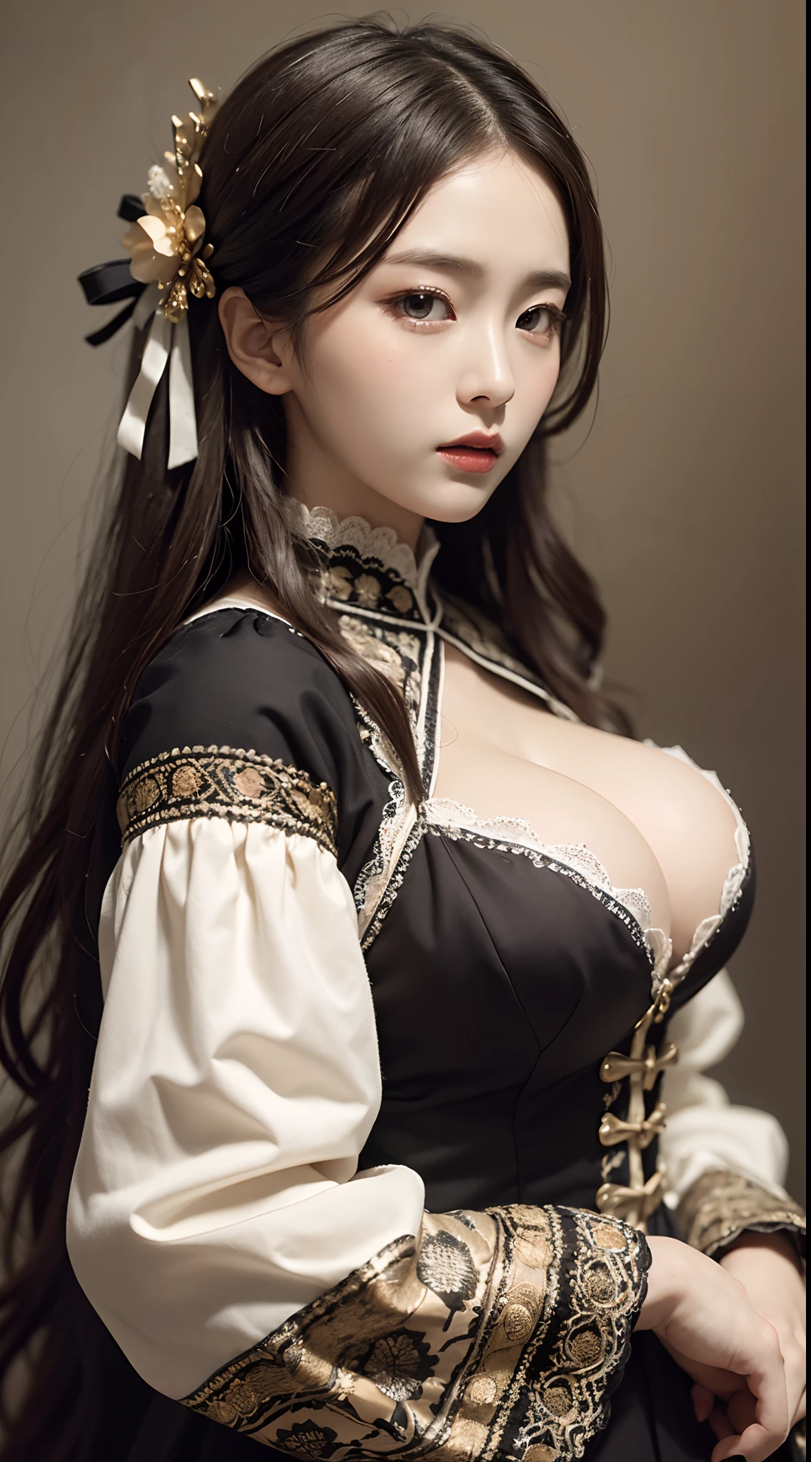 (Pure Color: 0.9), (Color: 1.1), (Masterpiece: 1,2), Best Quality, Masterpiece, High Resolution, Original, Highly Detailed Wallpaper, Beauty, korean woman, Victorian Dress, Melancholy, Big Breasts, Sepia Color, 30 years old