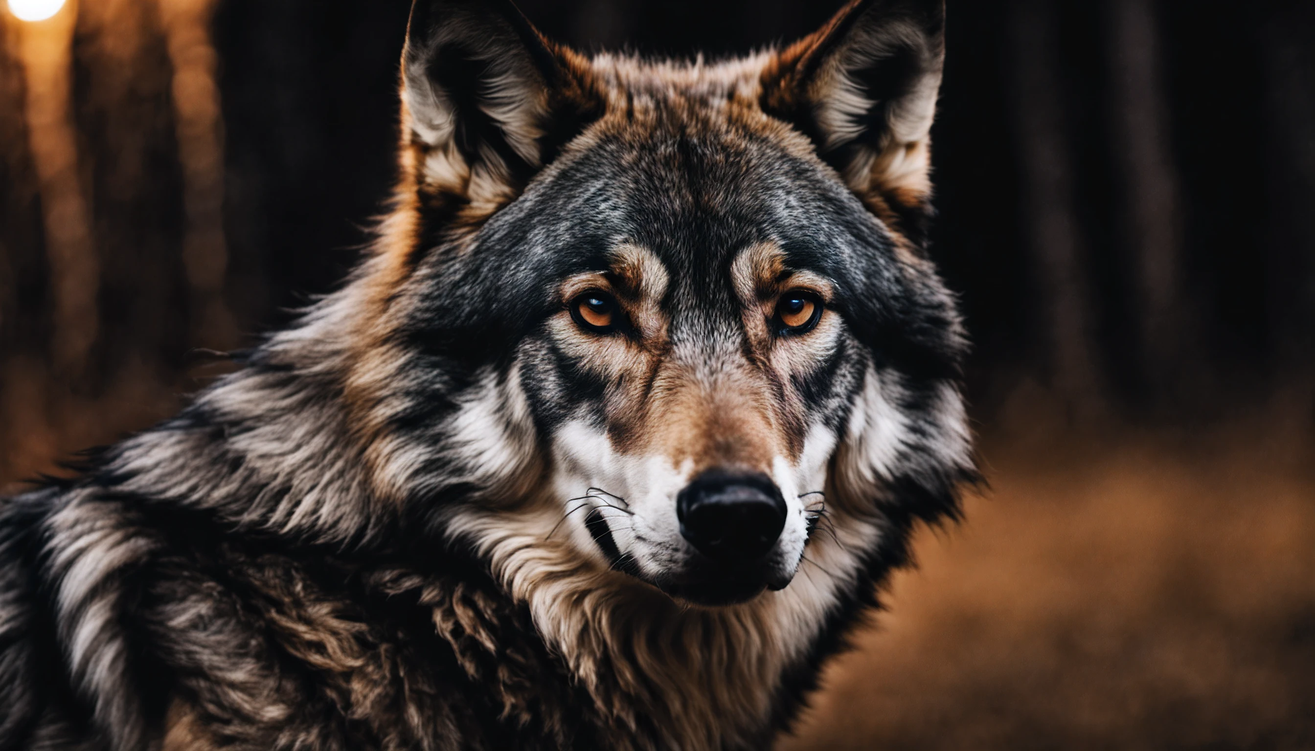 a lone wolf looking closely at the camera, night, cinematic