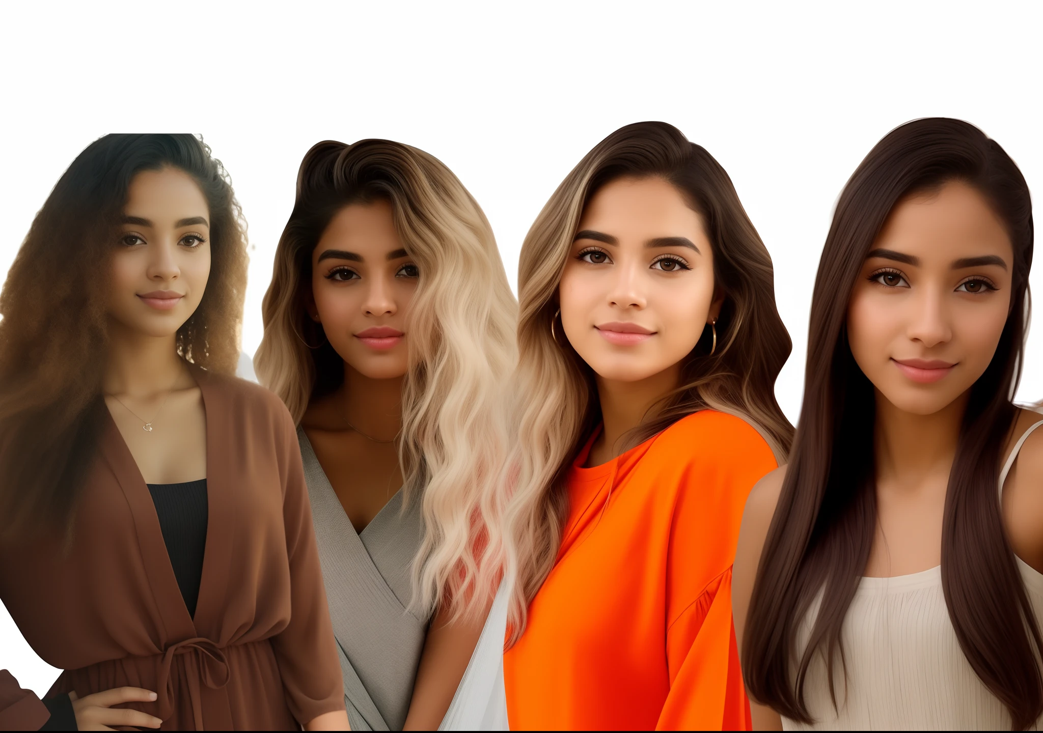 um close up de um grupo de mulheres com diferentes estilos de cabelo, 3 mulheres jovens e bonitas, by Amelia Peláez, redahair and attractive features, Aesthetics of beautiful faces, young women, inspirado em Niyazi Selimoglu, Colagem, fundo transparente, Memes, Directed by: Olivia Peguero, Directed by: Silvia Pelissero, inspirado em Olivia Peguero
