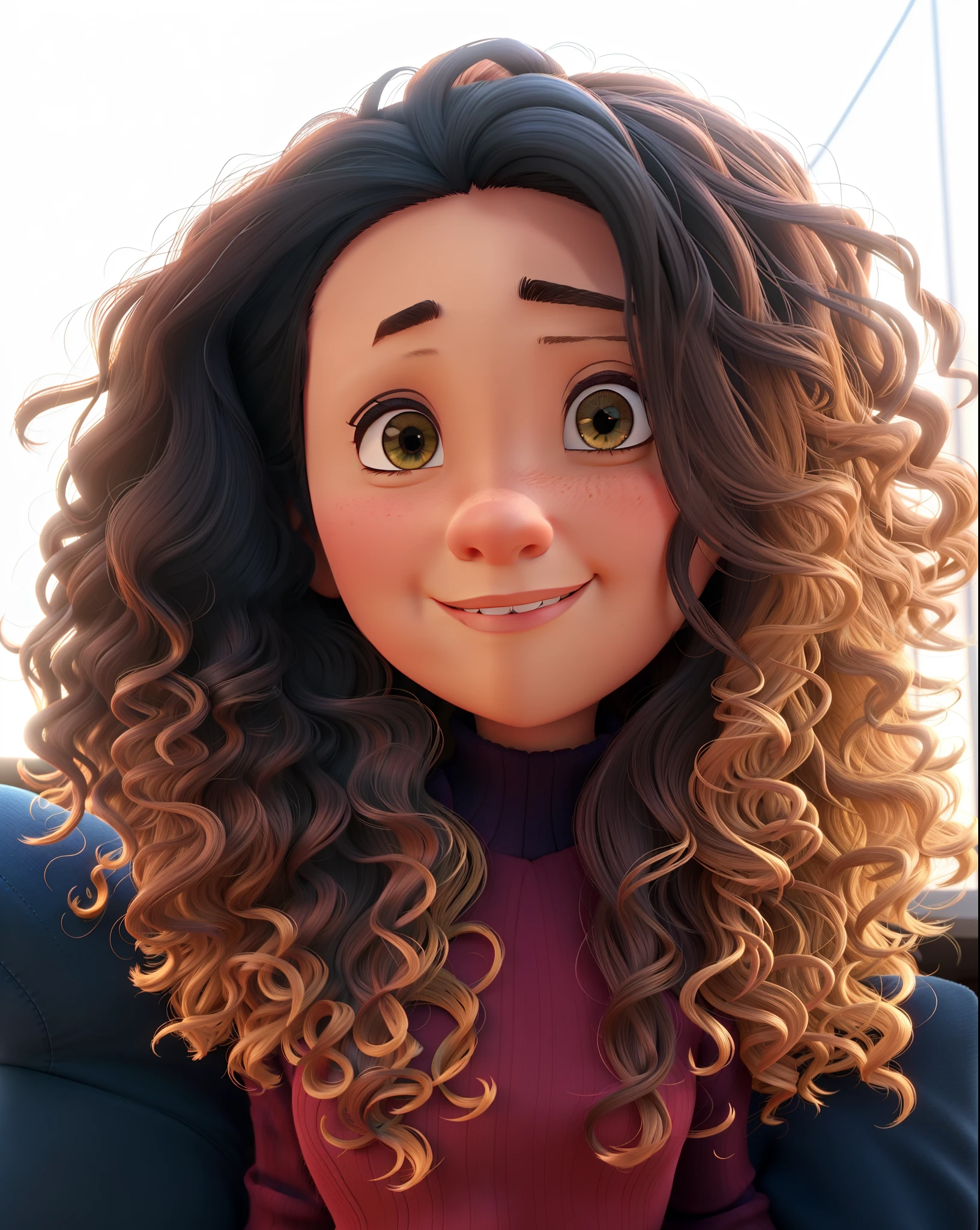 Uma mulher morena cabelo cacheado estilo pixar, alta qualidade, melhor qualidade