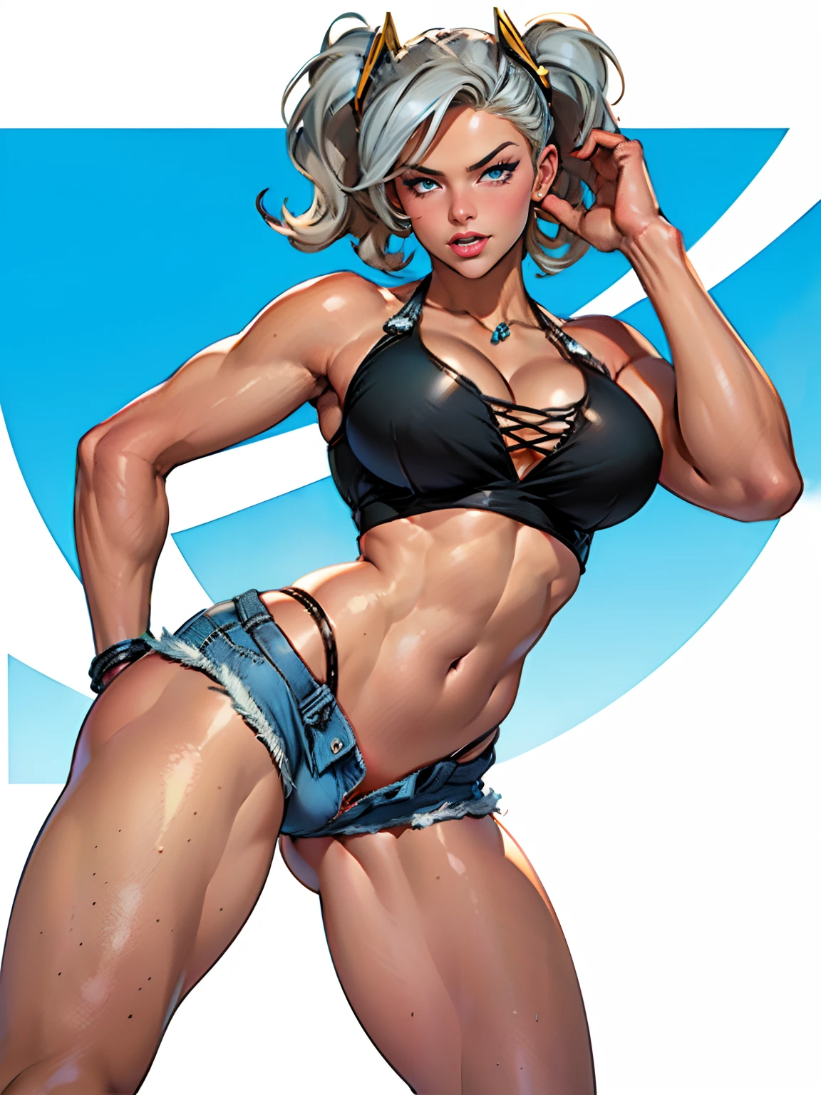 (high quality, best rendering), (beautiful girl), blue eyes, gray hair(bombshell, pin-up style), psychopath, crazy face, sexy pose, jean short shorts, tank top, pastel, centered, scale to fit dimensions, micro thong, micro bikini, camel toe