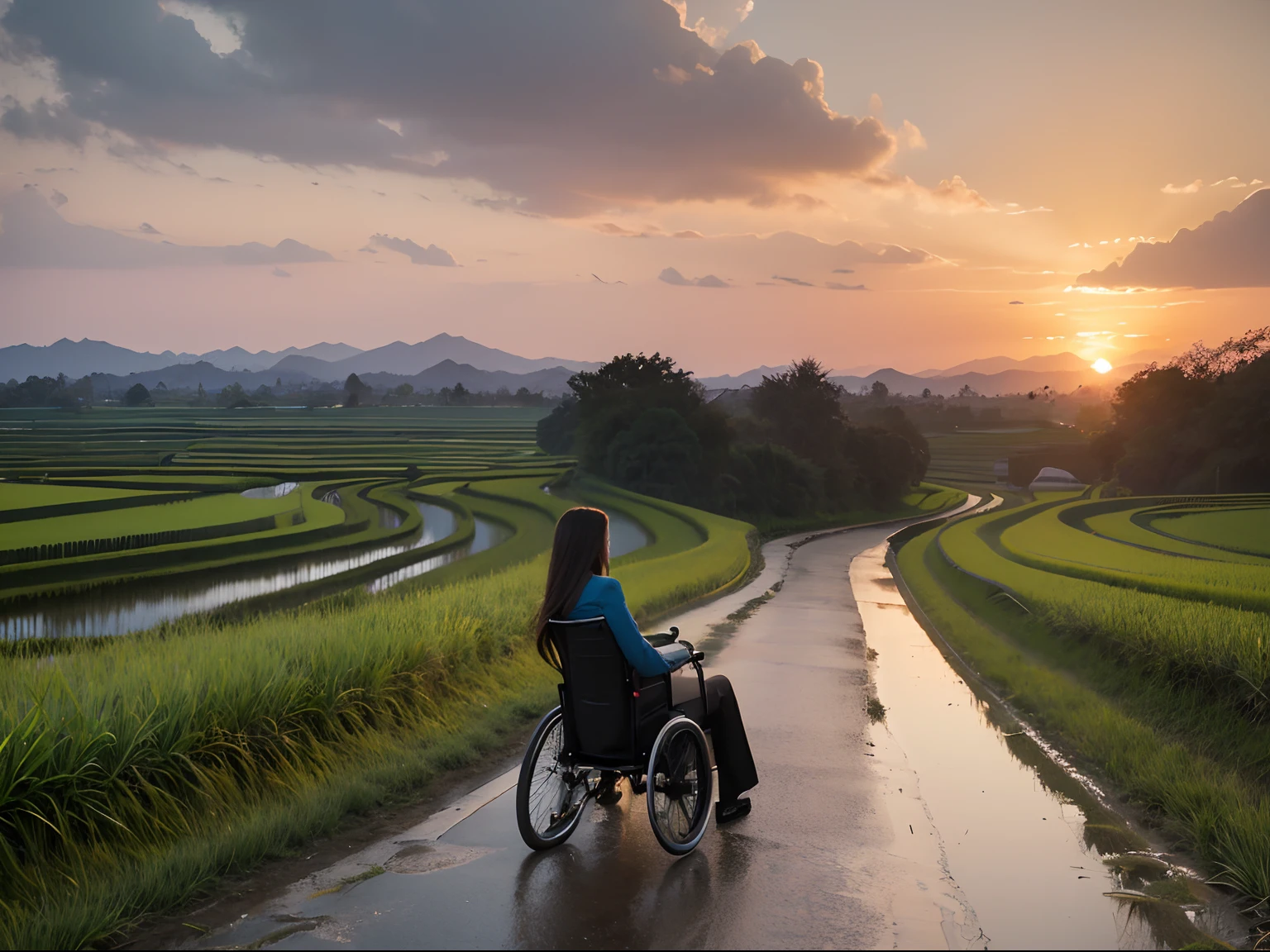 ((There was a tall man in the wheelchair)),(Photography from the side,8K,),On a country road,Rice fields with sunset,Let's look at the scenery together,(A breeze blew through the girl's long hair)