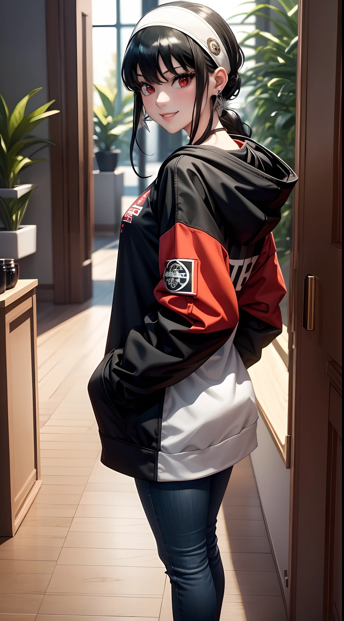 masterpiece, yor, 1girl, solo, looking at viewer, cute smile, black hair, red eyes, wearing Streetwear Hoodie, black jeans, jewelry, sidelocks, hairband, earrings, indoors, arms behind back, plant, short hair with long locks, white hairband, big side hair, very long side hair,