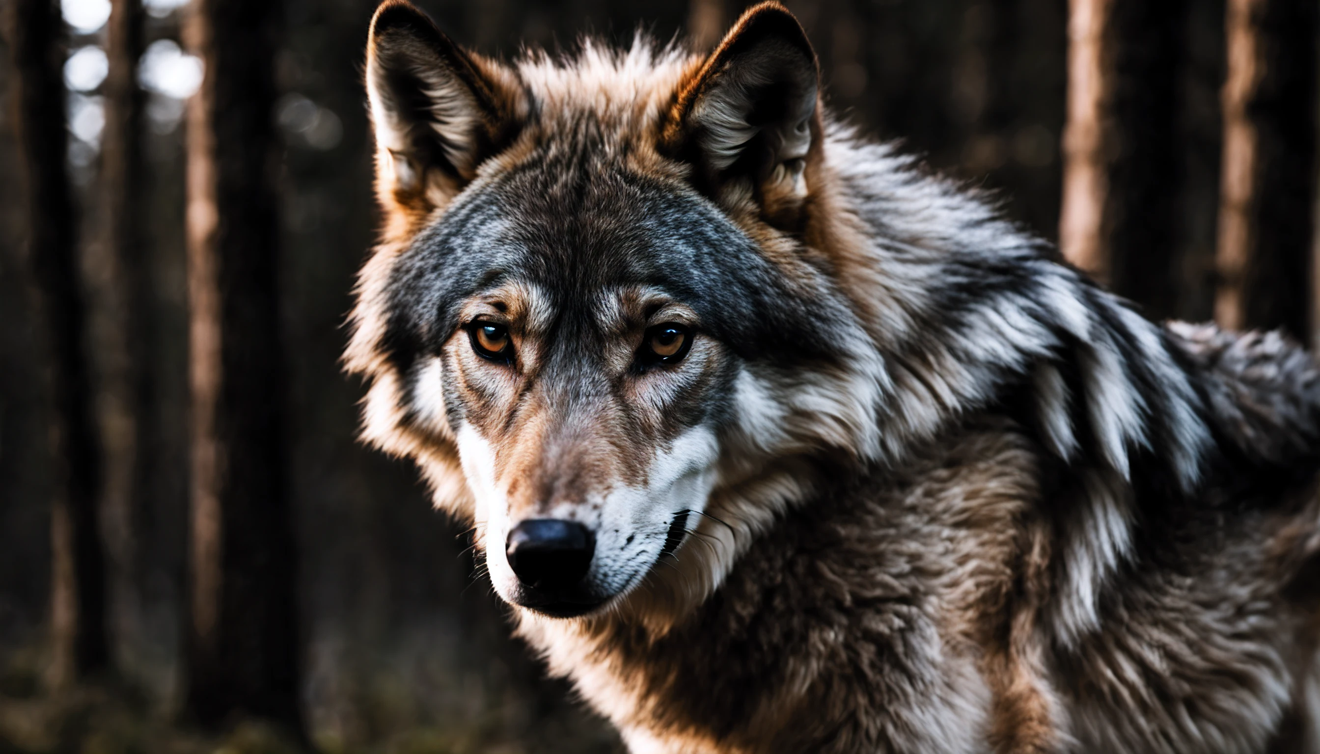 a lone wolf looking closely at the camera, night, cinematic