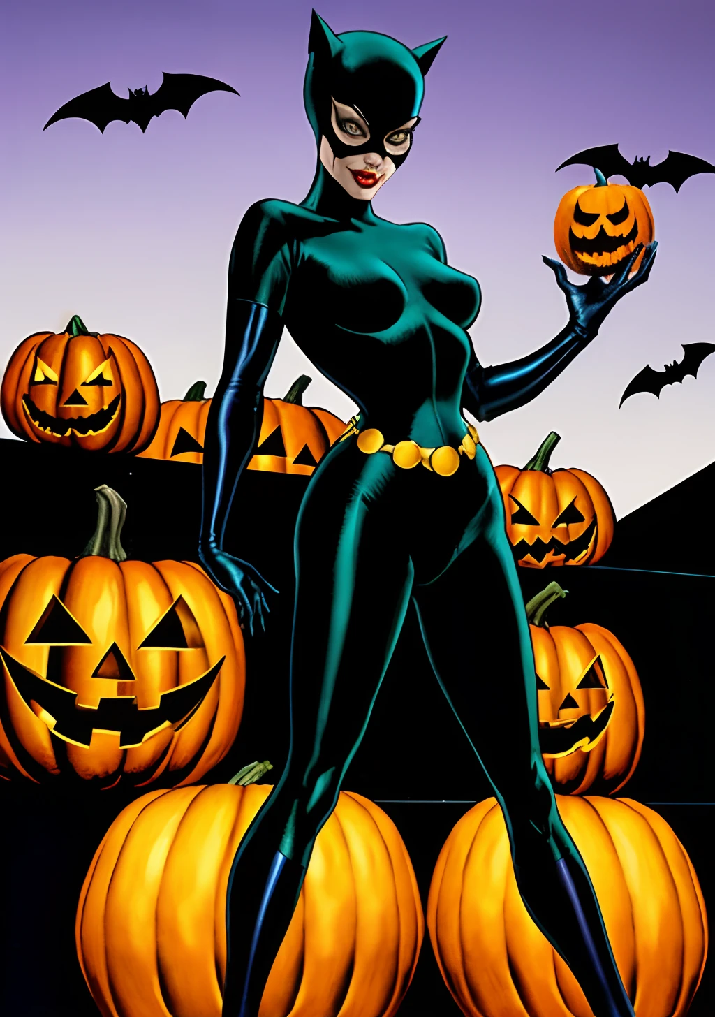 Halloween da Catwoman estilo DC Comics by Jim lee, Batman at Halloween party, With a Catwoman, witches and pumpkins