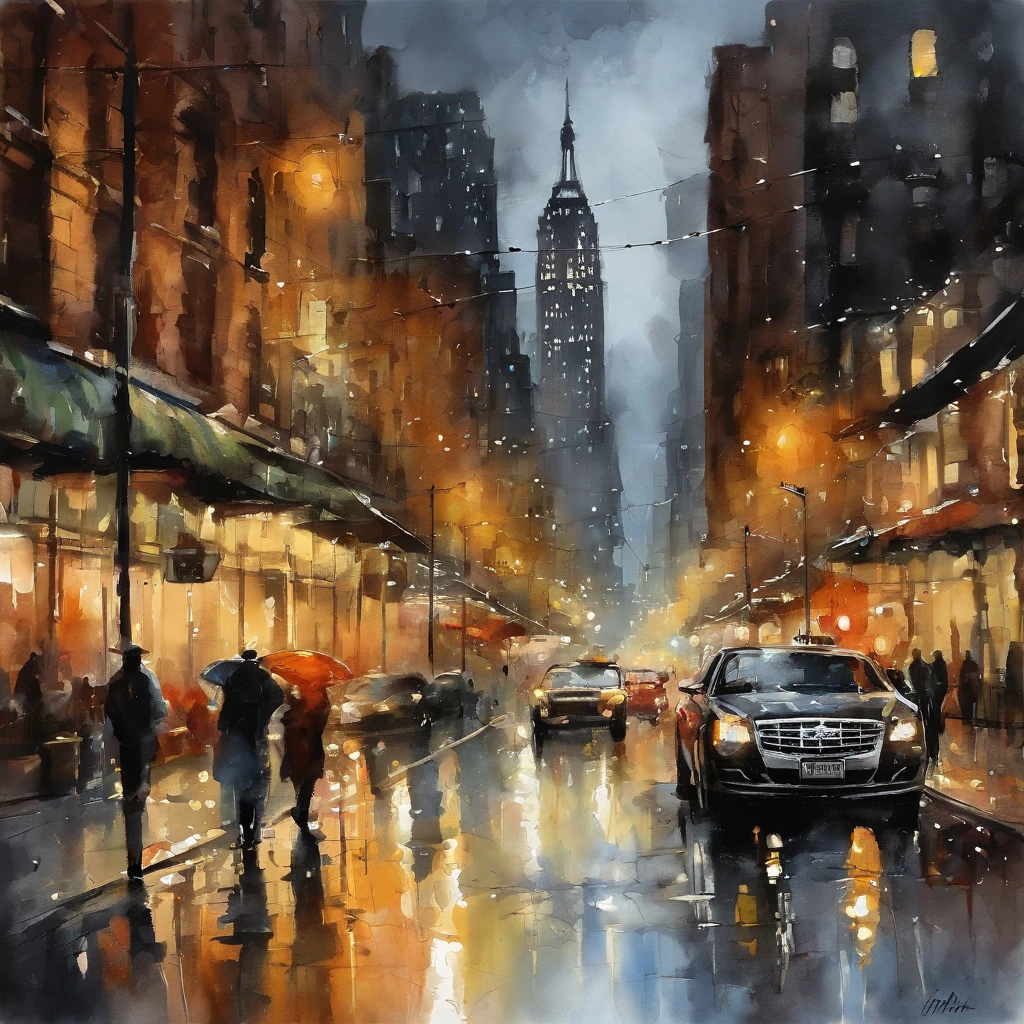Intricate painting details of busy New York street in the evening, lights reflections on the wet road, by range murata, Clouds, vivd colour, High contrast, vector line art, highlights, trending in pixiv, anime concept art, Stick, Mattire, high high quality, Edge to edge, Sanskrit