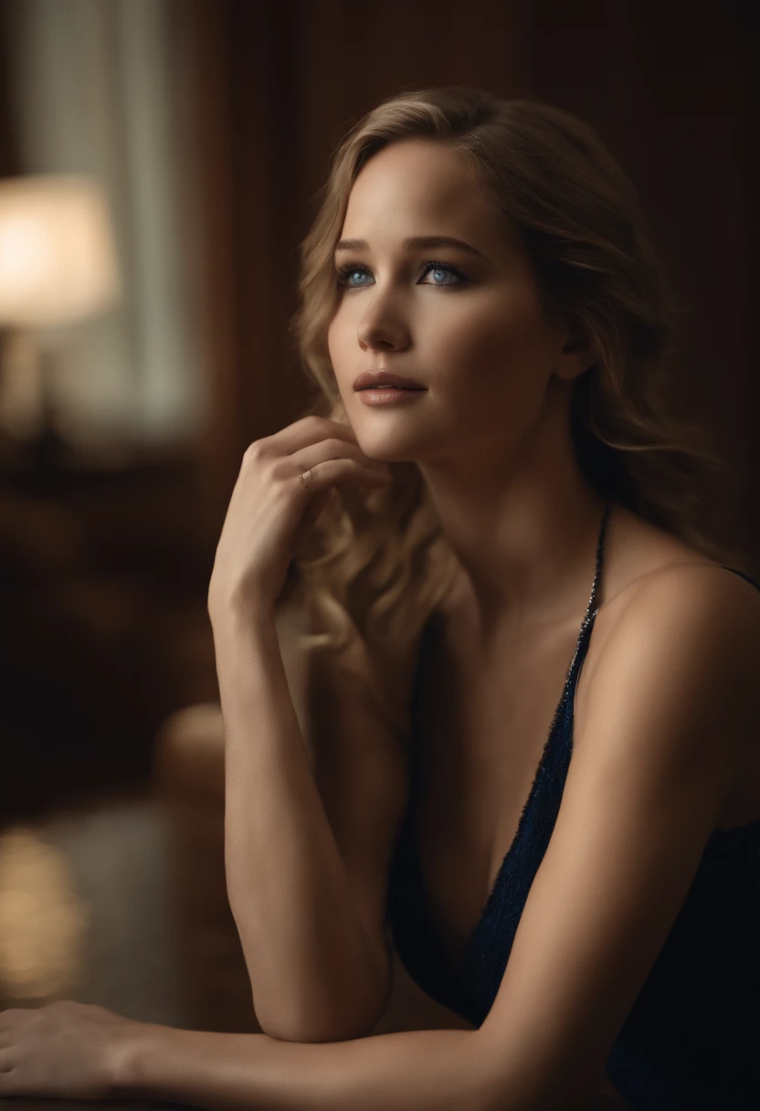 fotografia, mulher mulata, Beautiful blue-eyed woman with transparent black bra showing her nipples, Arms raised, hands behind the head, close nas axilas masculinas, peludas e sem raspar, mostrando os pelos das axilas, Jennifer Lawrence