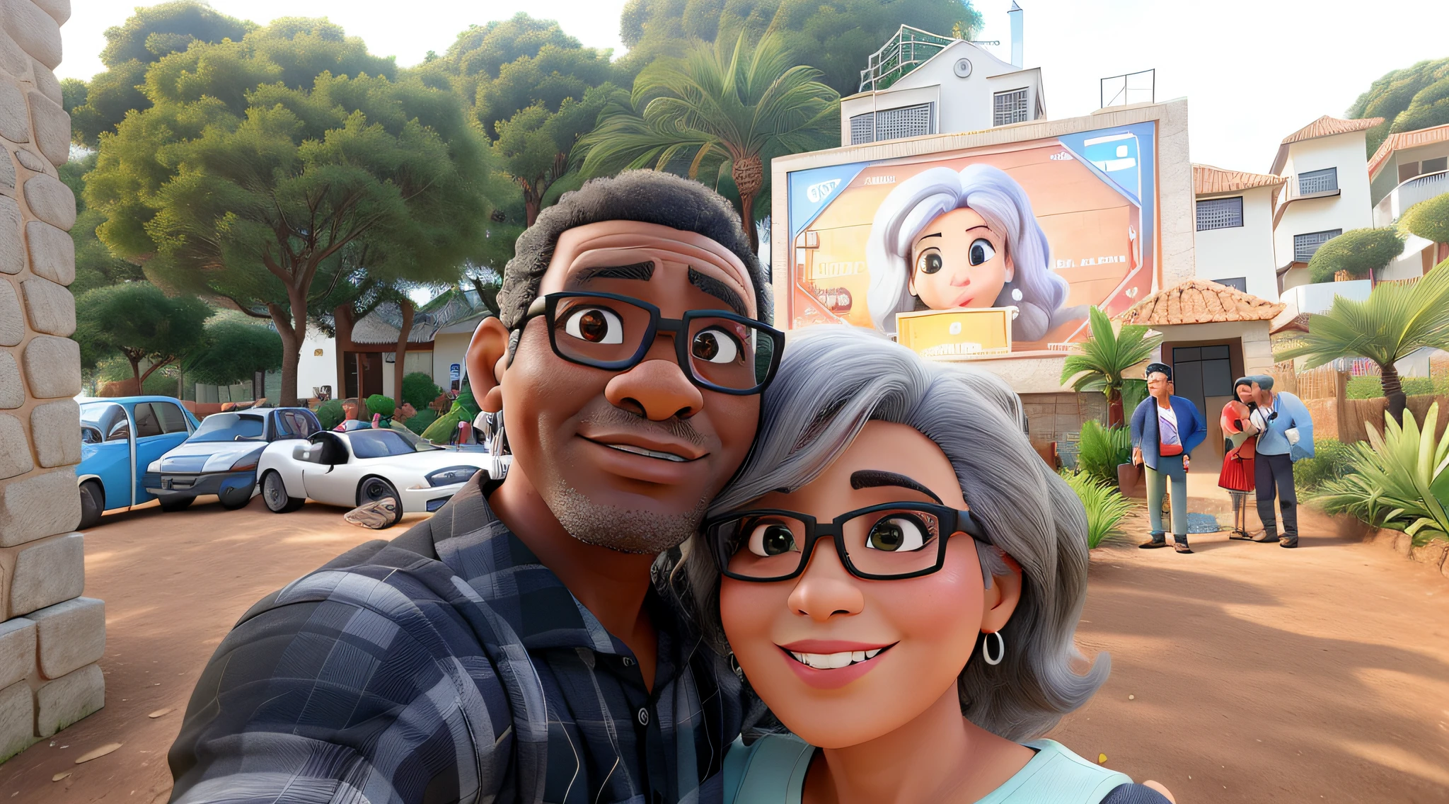 casal, homem negro e mulher branca ambos com mais de 50 anos, tirando uma selfie em frente a uma vila inglesa