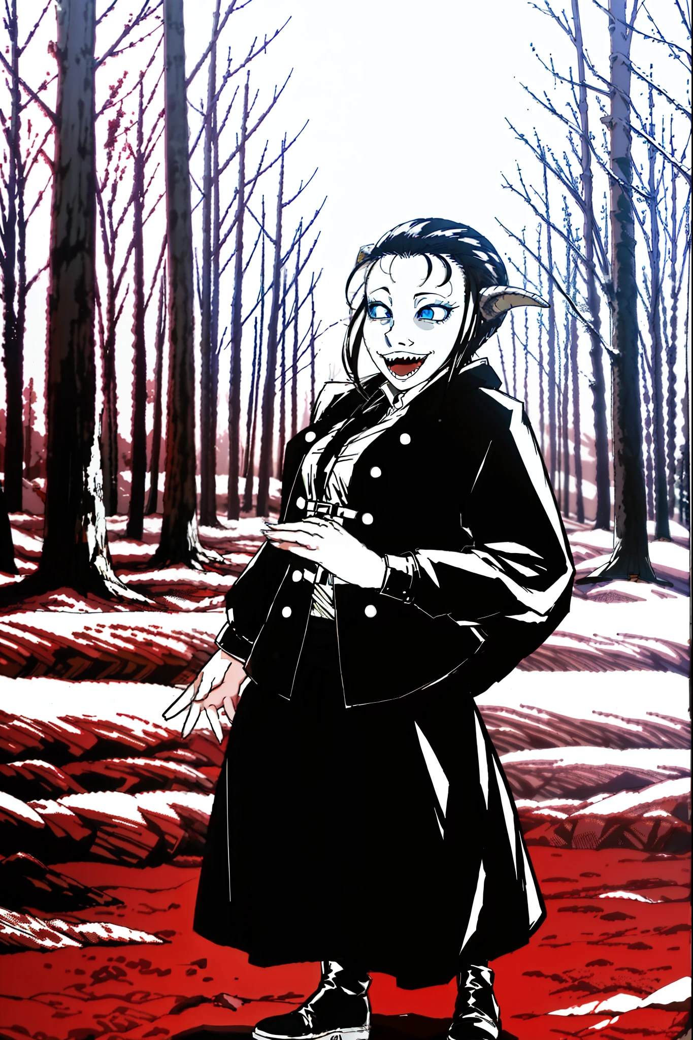 short hair, youngirl,black hair, vest, pullover, dragon horns, sharpteeth, standing, smile, full body , boots, long skirt, winter dress,, forest, woman-medieval-clothes, horns, smile, open mouth ,sharpteeth,, medium breast, blue eyes