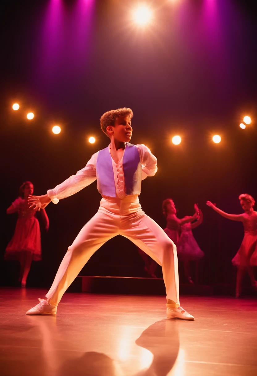 Young singer and actor on stage of a musical theatre show, dance moves, felicidade, plateia animada, estilo disney pixar cartoon