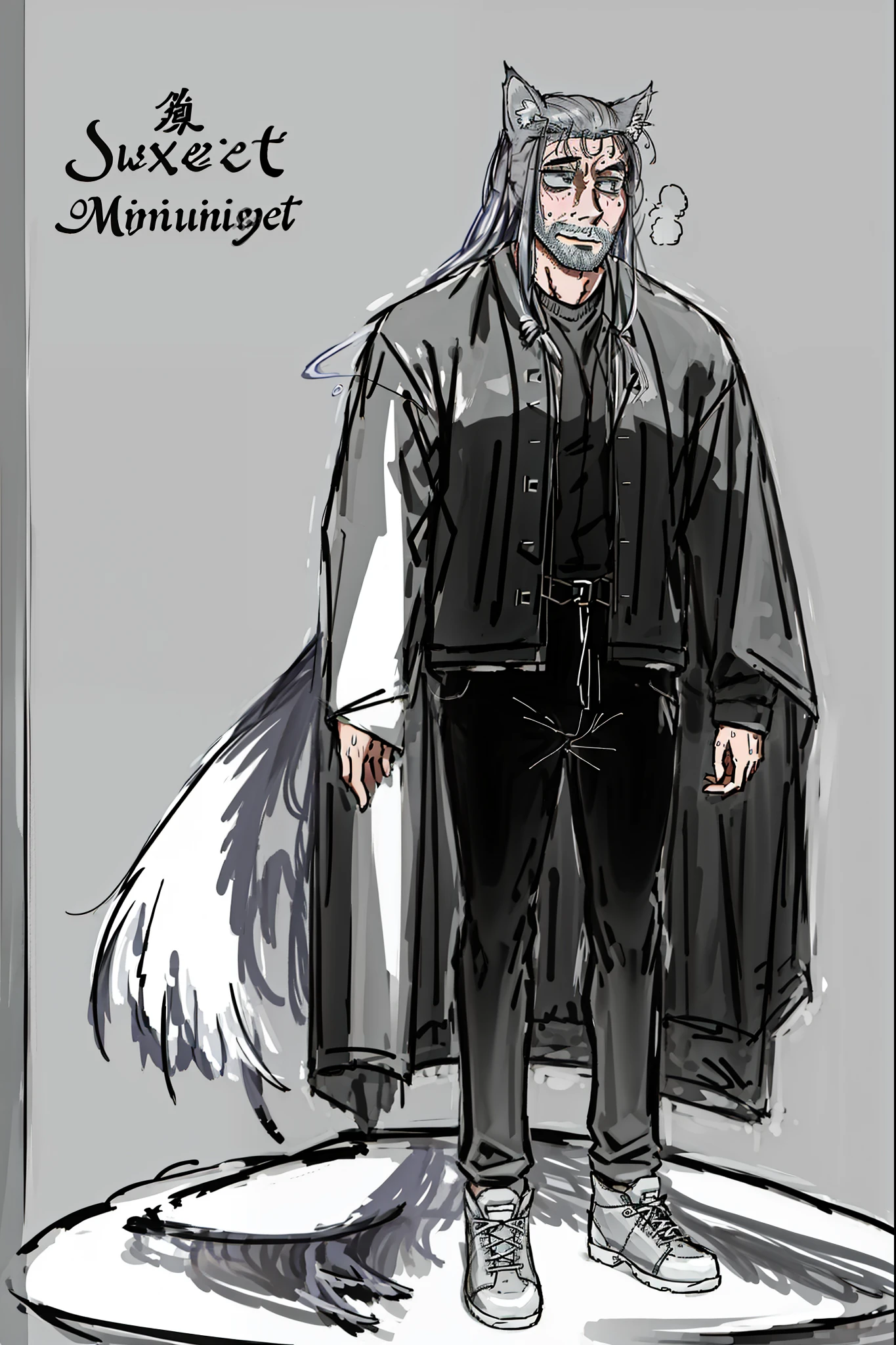 masterpiece,best quality,1boy,solo,muscular male,hi res,8k hd,extreme detail,detailed background,masterpiece,muscular,muscular anthro,(sweat:1.4),aged up,looking at viewer,(langshu:1.3),wolf boy,facial hair,Thick eyebrows,grey body,wolf ears,white hair,long hair,wolf tail,claw,by lindong,by null-ghost, full body, standing, kimono, pullover