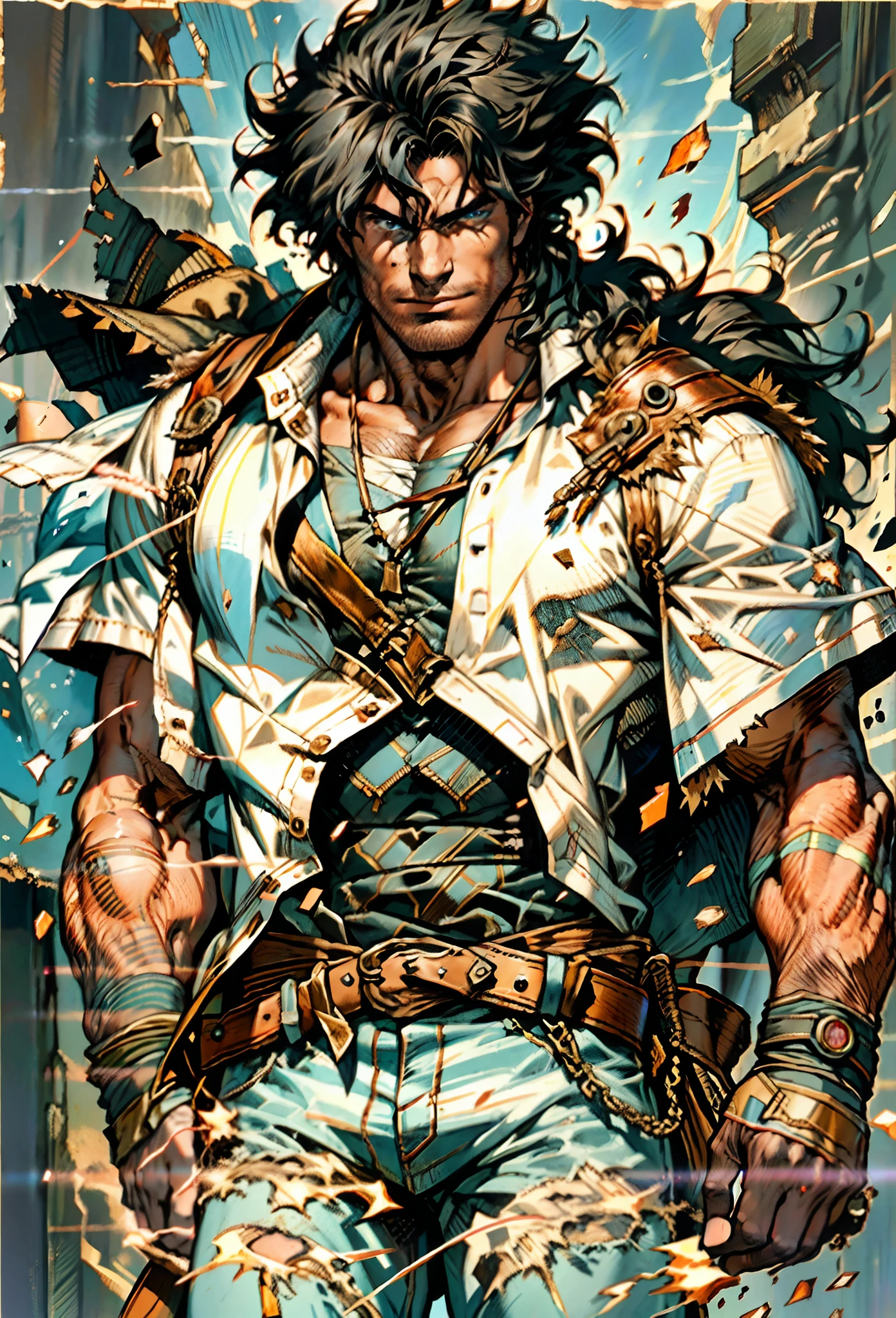A middle-aged man of about 40, long hair in a striking red and black combination, wild and disheveled hairstyle, a fierce gaze, a confident smile, A lightning-shaped tattoo adorns his left face, a sturdy physique, a majestic fantasy-style coat with short sleeves, a form-fitting scale armor undershirt, Black fur shawl, wrist guards on his wrists, coarse cloth pants, e stands tall like a divine figure against a background of crumbling earth, with floating debris all around, this character embodies a finely crafted child with a fantasy-style dominant in anime style, characterized by an exquisite and mature manga illustration art style, high definition, best quality, highres, ultra-detailed, ultra-fine painting, extremely delicate, professional, anatomically correct, symmetrical face, extremely detailed eyes and face, high quality eyes, creativity, RAW photo, UHD, 8k, Natural light, cinematic lighting, masterpiece-anatomy-perfect, masterpiece:1.5