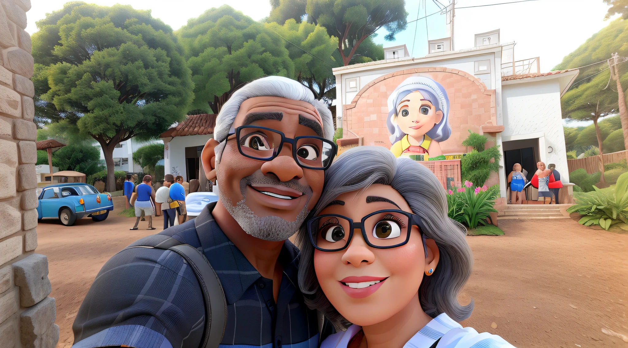 casal, homem negro e mulher branca ambos com mais de 50 anos, tirando uma selfie em frente a uma vila inglesa