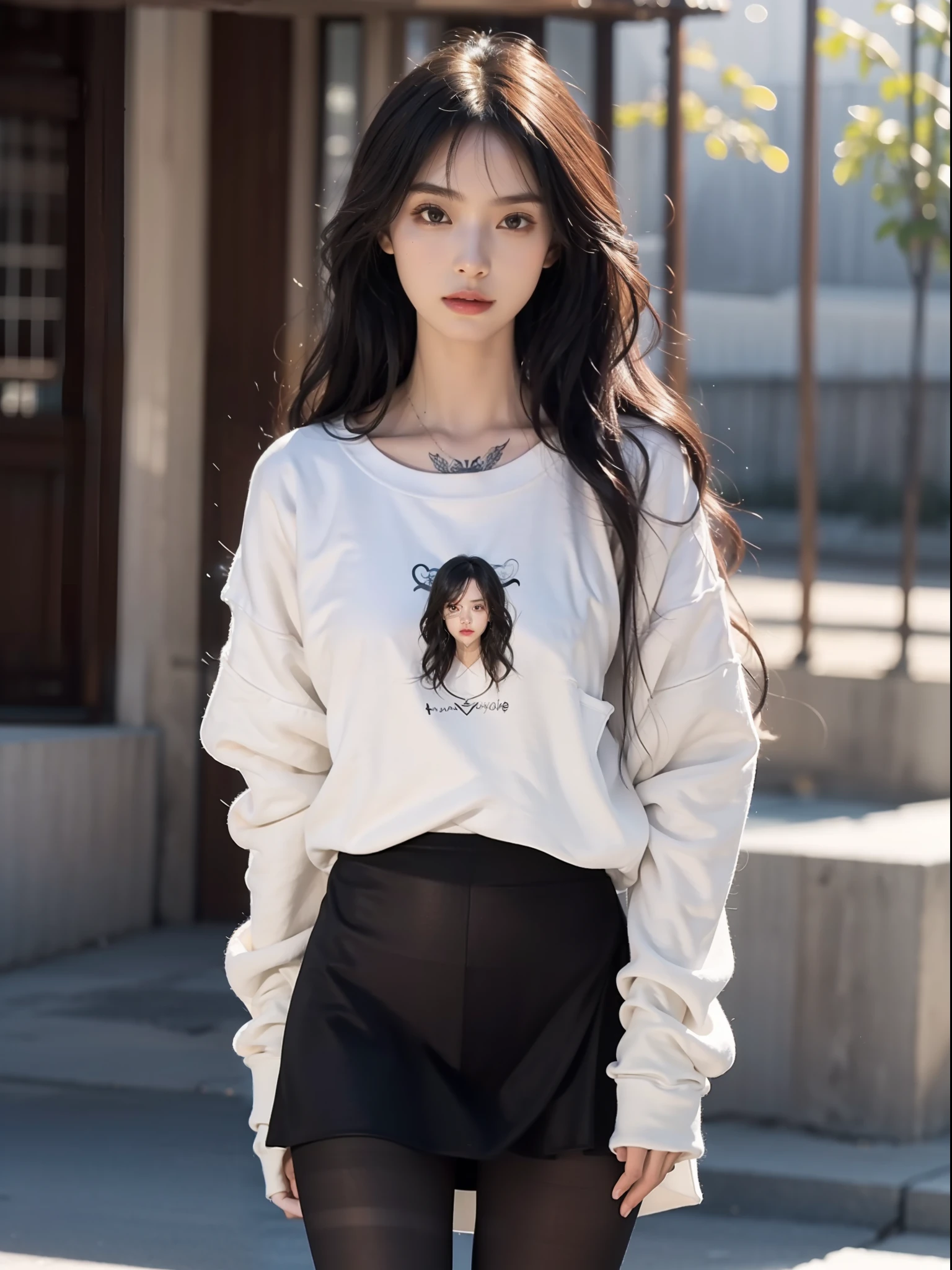 (stand posture:1.5),(1girll:1.3),(view the viewer:1.4),(anatomy correct:1.4),(Feet:1.3),(White sweatshirt:1.2),(Black silk pantyhose:1.3),(with tattoos:1.2),(wavy and long hair,Accurate and perfect face:1.3),(Slender and slender figure,Skinny,Skinny:1.2),(Smaller bust:1.3),(athletic sneakers:1.1),hyper HD, Ray traching, reflective light,structurally correct, Award-Awarded, High detail, Fade-in and fade-out shadow contrast, Face lighting ,Cinematic lighting, Masterpiece, super detailing, High quality, High detail, Best quality, 16k,High contrast