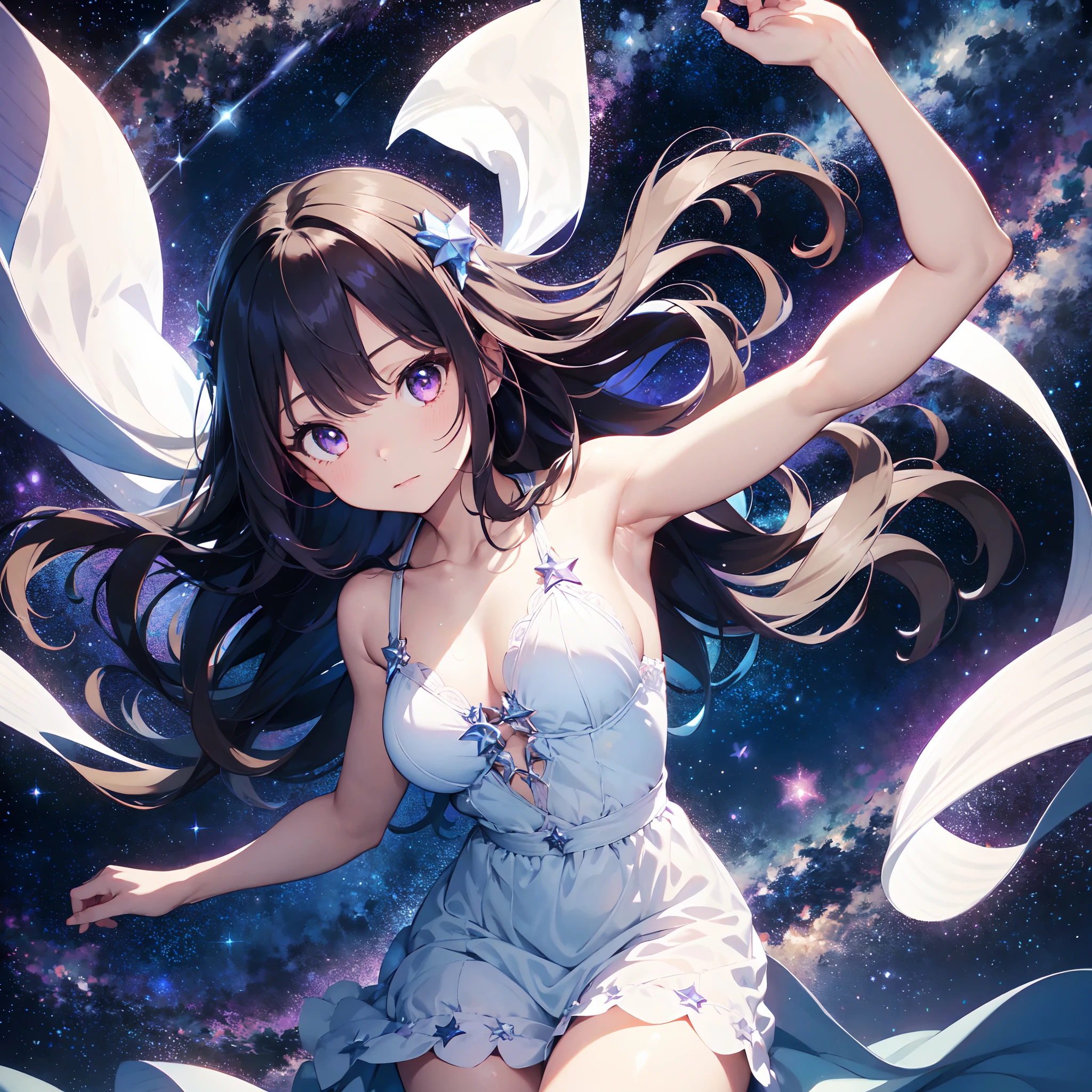 film photography, 1girl in , Sexy , (((Whole body ))) , Dynamic Pose
character: Winter Stargazer
style: Heavenly Wonders
Extraordinary features: Channeling the Universe Inspires Dreamers
action: Lying on a blanket under the stars, Summon Zodiac Signs
hair: Flowing hair adorned with accessories like twinkling stars
hair color: Blue of the night sky with shimmering purple stripes
eye: A deep purple color that contains the mystery of the universe
clothing: Gowns decorated with stars and constellations, Celestial Jewelry
background: A vast field with a canvas of twinkling stars overhead, medium breasts, Full body, (Realistic detailed eyes, Natural Skin Texture, Realistic face details), Finely detailed, hyper realisitic
