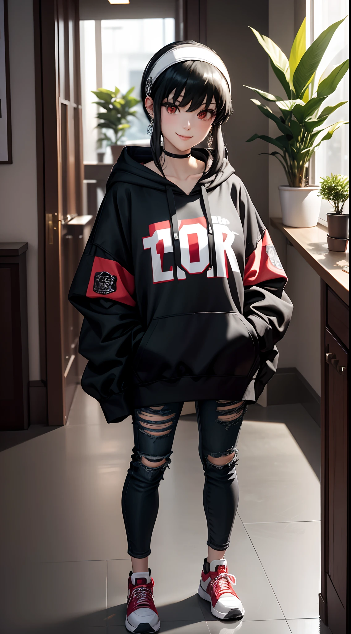 masterpiece, yor, 1girl, solo, looking at viewer, cute smile, black hair, red eyes, wearing Streetwear Hoodie, black jeans, jewelry, sidelocks, hairband, earrings, indoors, arms behind back, plant, short hair with long locks, white hairband, big side hair, very long side hair,