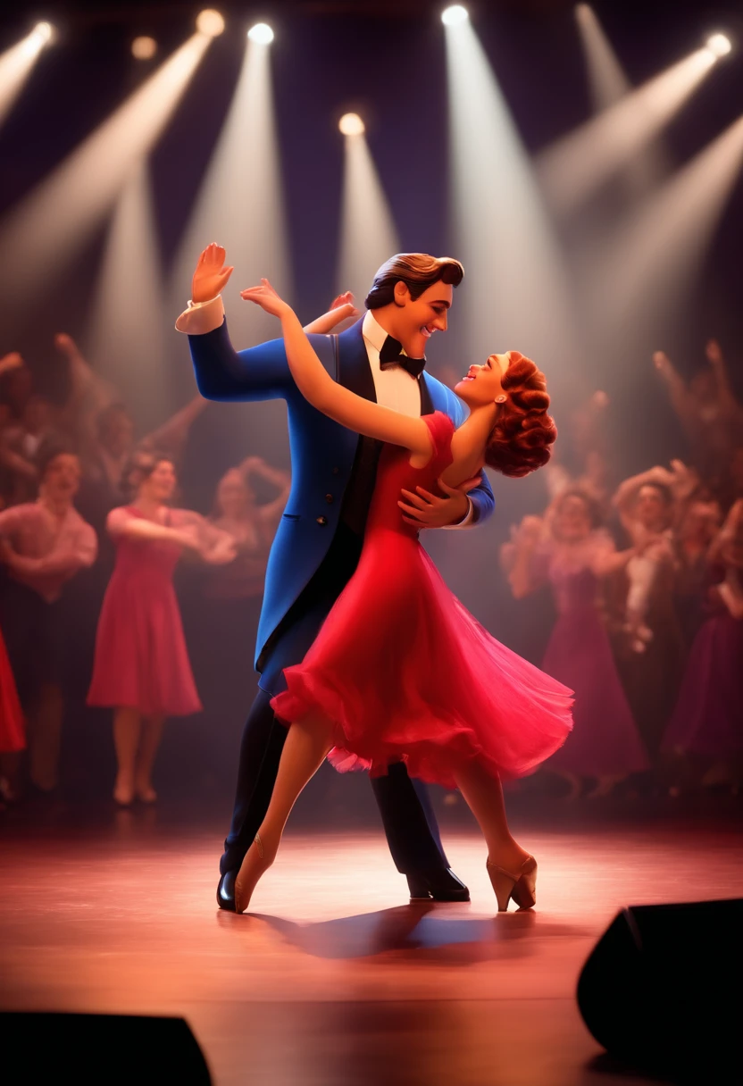 Singer and actor on stage of a musical theatre show, dance moves, felicidade, plateia lotada e animada ao fundo, estilo disney pixar, 3d, digital art, realista, 4k, high quality
