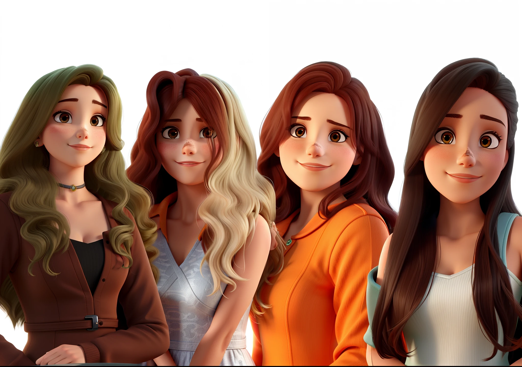 Quatro mulheres, duas loiras de cabelo cacheado, uma ruiva e uma morena melhor qualidade