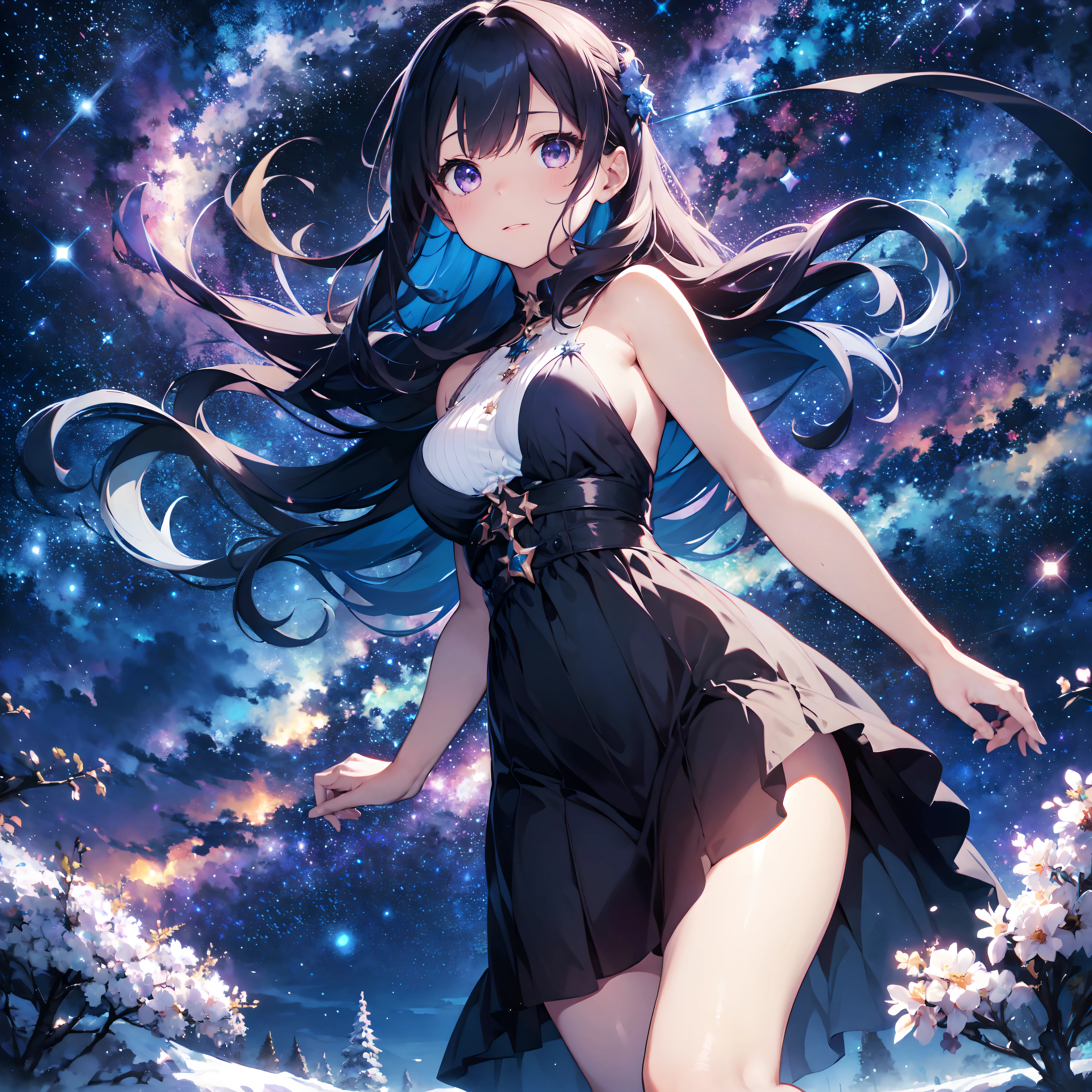film photography, 1girl in , Sexy , (((Whole body ))) , Dynamic Pose
character: Winter Stargazer
style: Heavenly Wonders
Extraordinary features: Channeling the Universe Inspires Dreamers
action: Lying on a blanket under the stars, Summon Zodiac Signs
hair: Flowing hair adorned with accessories like twinkling stars
hair color: Blue of the night sky with shimmering purple stripes
eye: A deep purple color that contains the mystery of the universe
clothing: Gowns decorated with stars and constellations, Celestial Jewelry
background: A vast field with a canvas of twinkling stars overhead, medium breasts, Full body, (Realistic detailed eyes, Natural Skin Texture, Realistic face details), Finely detailed, hyper realisitic
