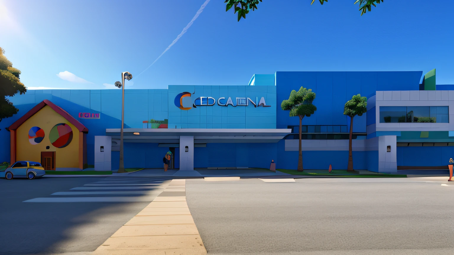 Facade of a high school called "C Educacional" com arte no estilo disney/pixar com cores azuis