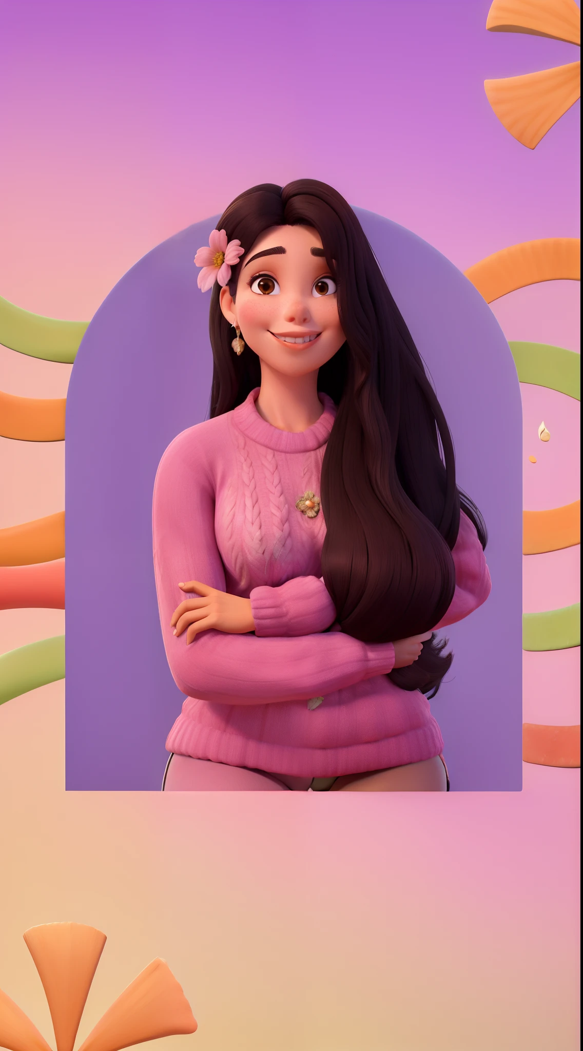 Obra-prima, de melhor qualidade, uma mulher, de pela morena, cabelo longo de cor preta com uma flor roxa. Woman is wearing pink sweater.