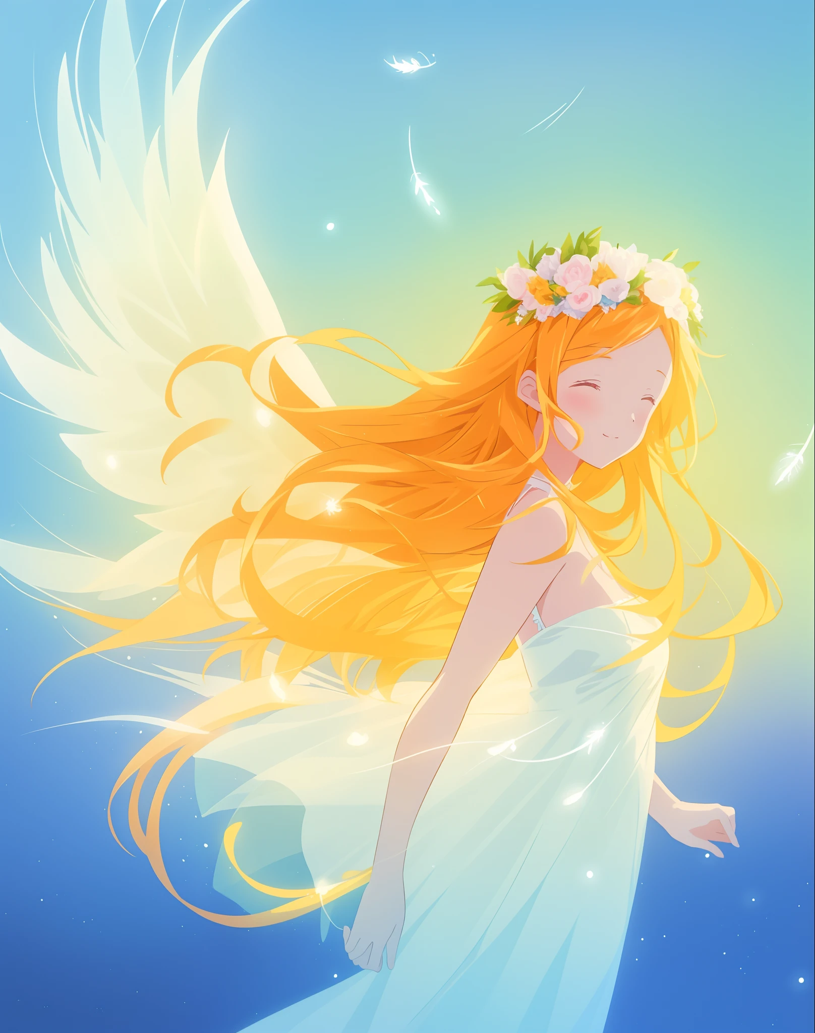 beautiful angel girl in white dress, angel dress, puffy ballgown, ((large white angel wings)), ((white glowing feathers)), angel, angelic, angel girl, long golden hair, watercolor illustration, inspired by Glen Keane, inspired by Lois van Baarle, disney art style, by Lois van Baarle, glowing aura around her, by Glen Keane, jen bartel, glowing lights! digital painting, flowing glowing hair, glowing flowing hair, beautiful digital illustration, fantasia otherworldly landscape plants flowers, beautiful, masterpiece, best quality, anime disney style
