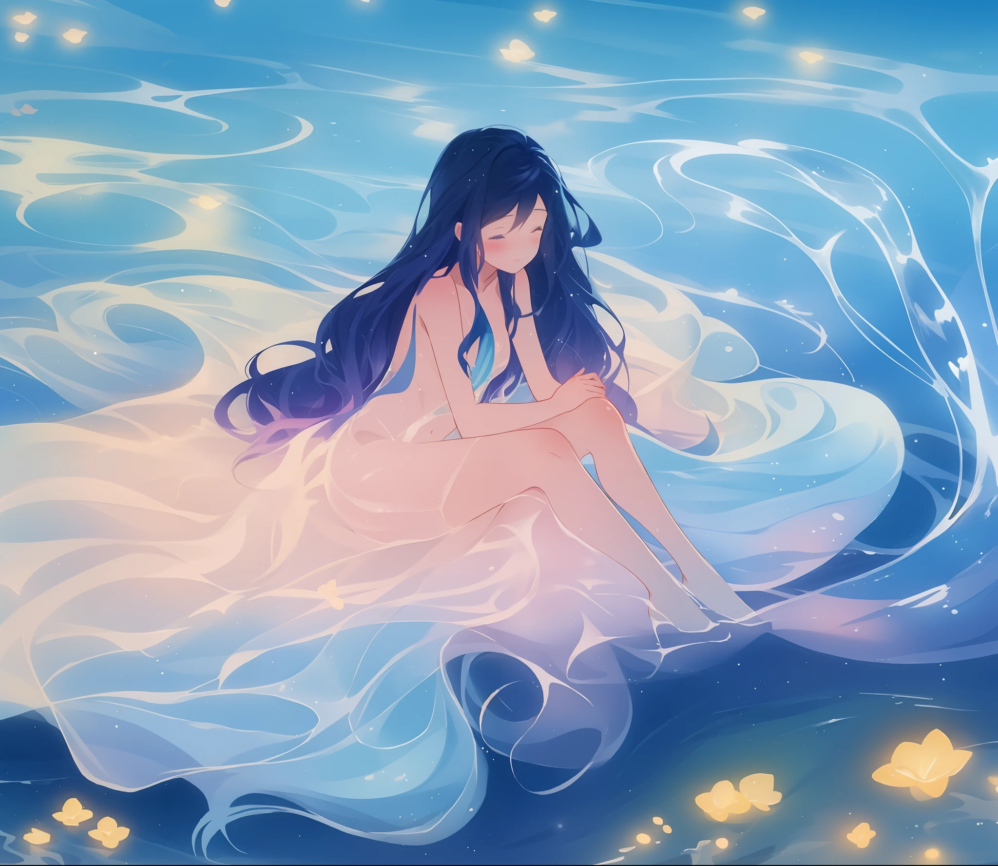 beautiful nude girl covered by seafoam, long dark hair, beautiful girl sitting in the water, private areas covered by seafoam, water nymph, water fairy, watercolor illustration, inspired by Glen Keane, inspired by Lois van Baarle, disney art style, by Lois van Baarle, by Glen Keane, jen bartel, beautiful digital illustration, fantasia otherworldly, beautiful, masterpiece, best quality, anime disney style