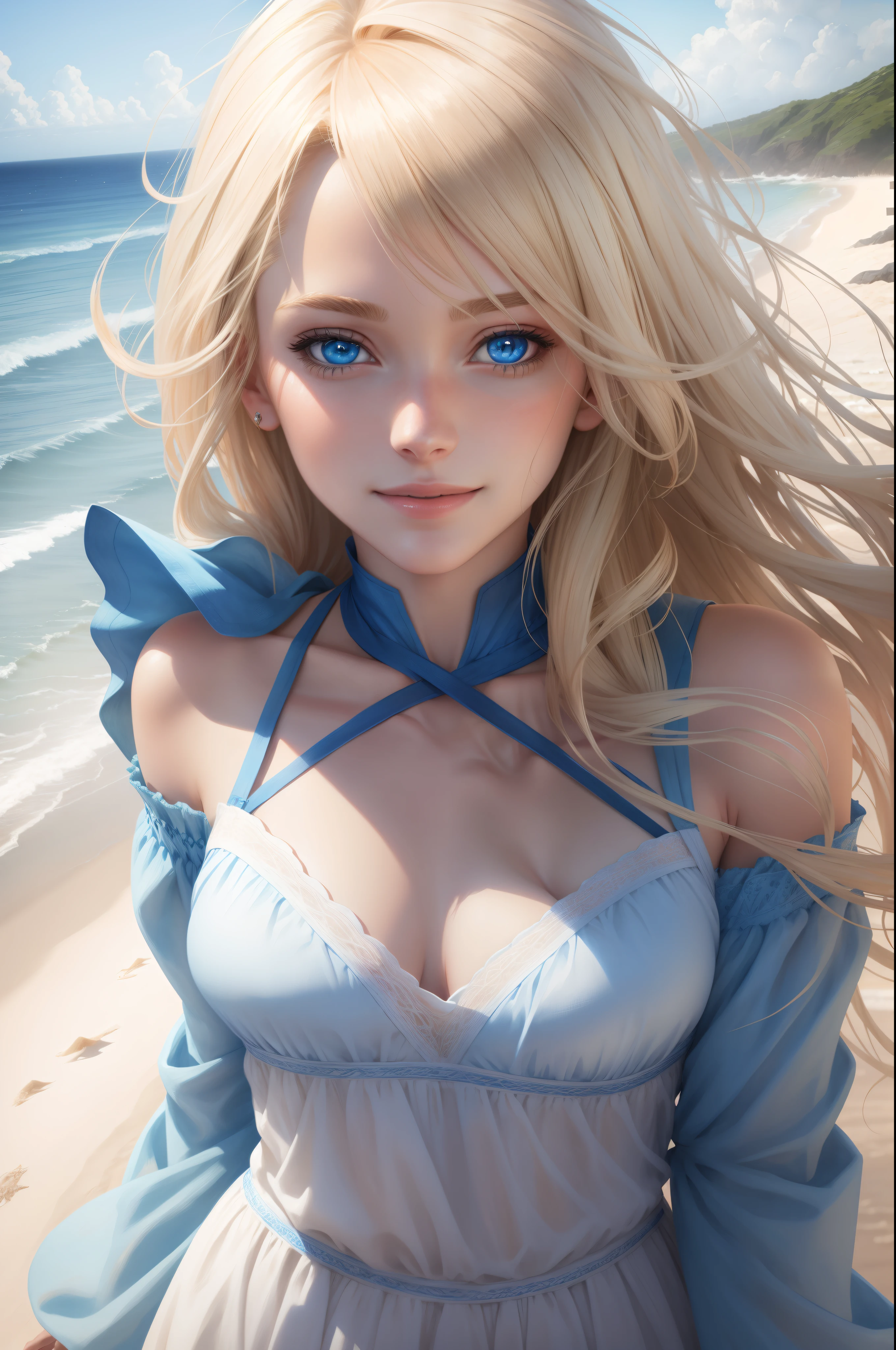 Pretty Female, windblown blonde hair, glowing blue eyes, realistic, masterpiece:1.2, high detailed, 4K, beach background, high detailed light, little smile, white skin, vibrant colors, soft lighting