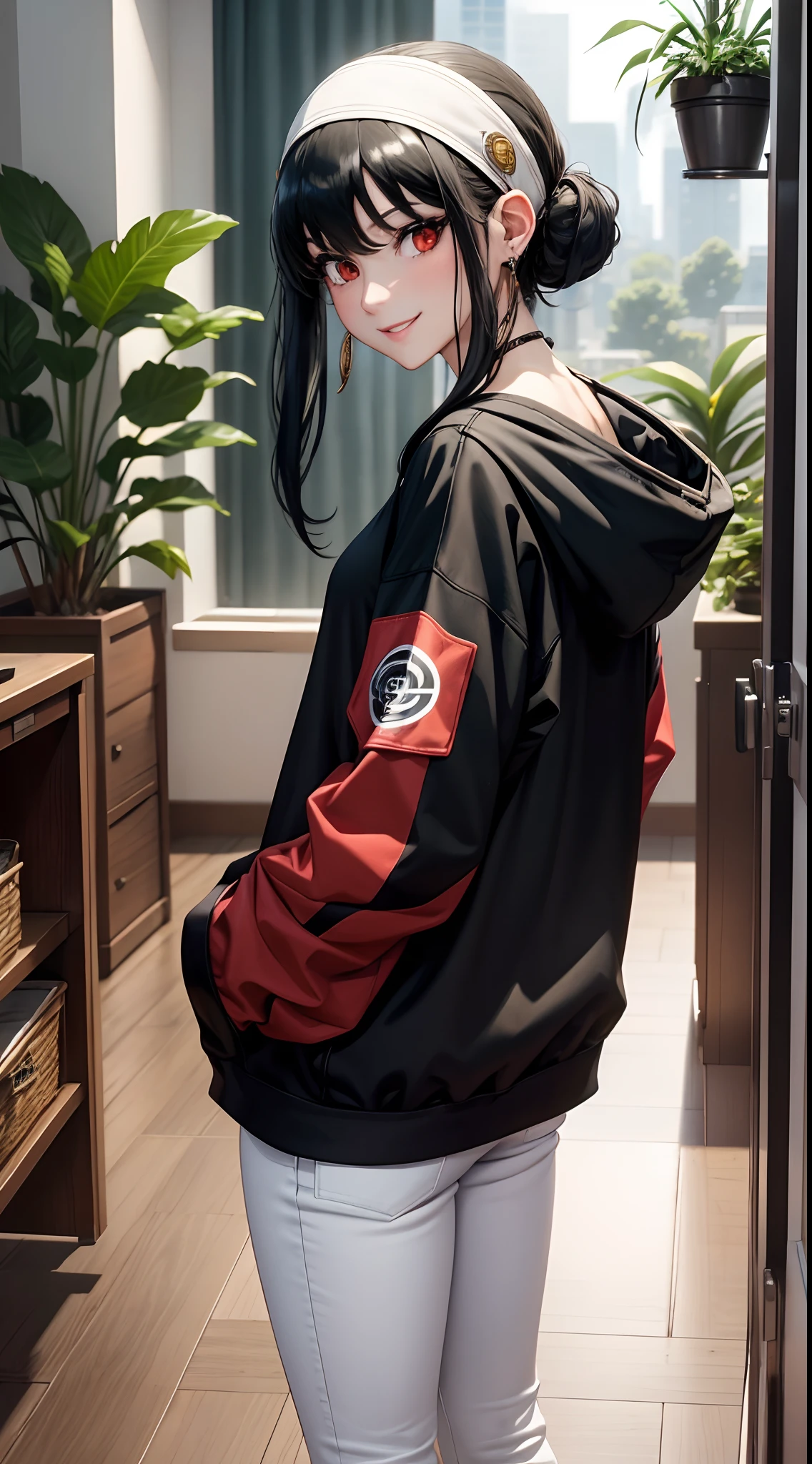 masterpiece, yor, 1girl, solo, looking at viewer, cute smile, black hair, red eyes, wearing Streetwear Hoodie, black jeans, jewelry, sidelocks, hairband, earrings, indoors, arms behind back, plant, short hair with long locks, white hairband, big side hair, very long side hair,