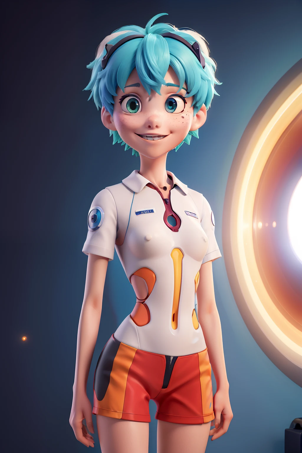 retrato da obra-prima do sorridente Rei Ayanami (Evangelion), Evangelion (Hideaki), caustics, High resolution illustration, olhos vermelhos, Feminino, sem alunos, cabelos azuis, short hair, Japanese school uniform, Sapatos, SWpunk, Synthwave, respingos de tinta, shaded flat illustration, arte digital, trending on ArtStation, altamente detalhado, detalhes finos, intrincado, Splatter, Fugir, Vaporware, cores neon