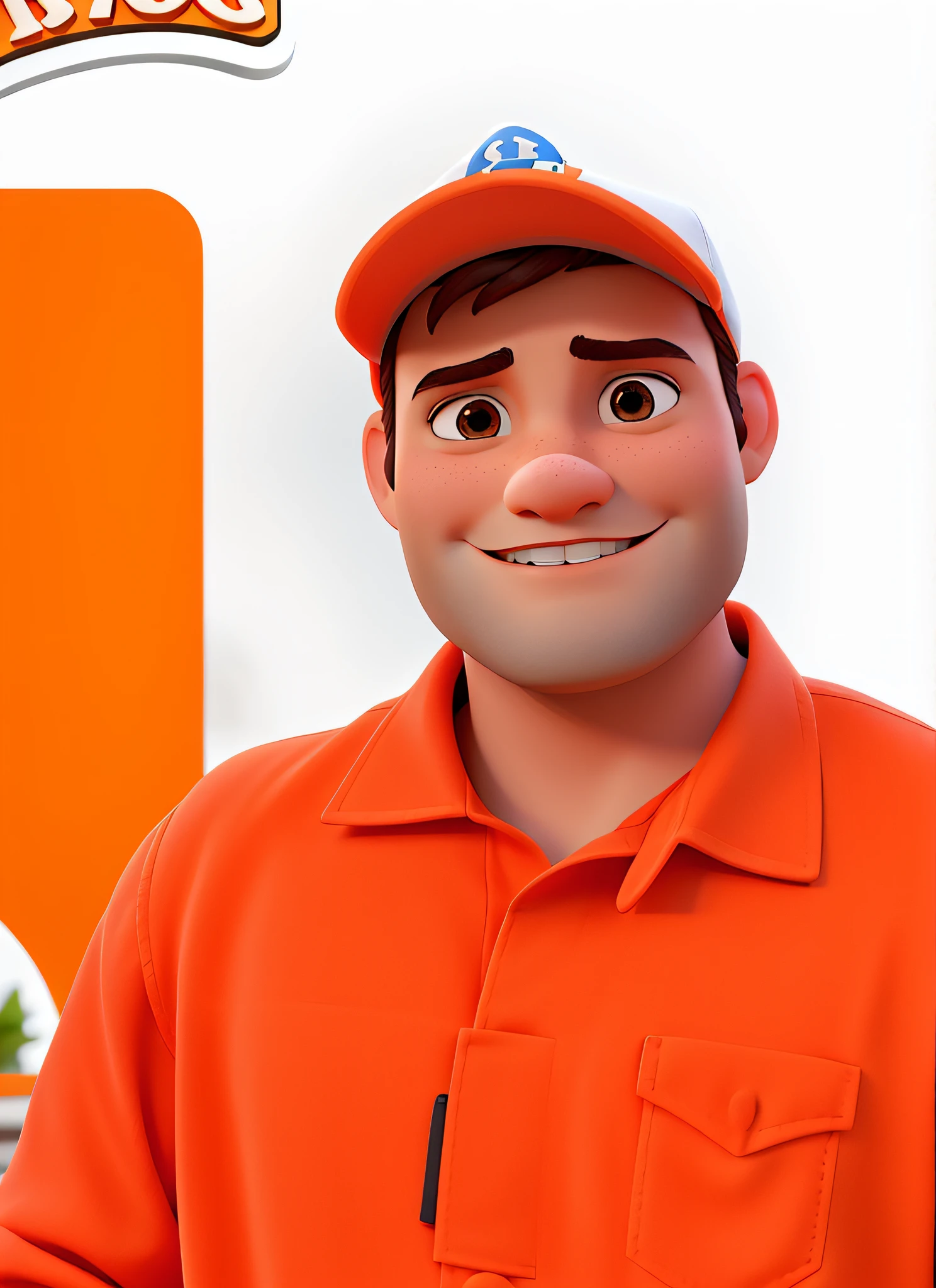 create an image from a Disney animated movie/Pixar. Precisa ter fachada do restaurante de marmita ao fundo com o letreiro. The character in front must have an orange and white cap and an orange uniform, rosto meio oval sorriso aberto, peles crescendo no rosto e olhos franzidos. Use the photo as a reference for the character, de valor aos detalhes.
