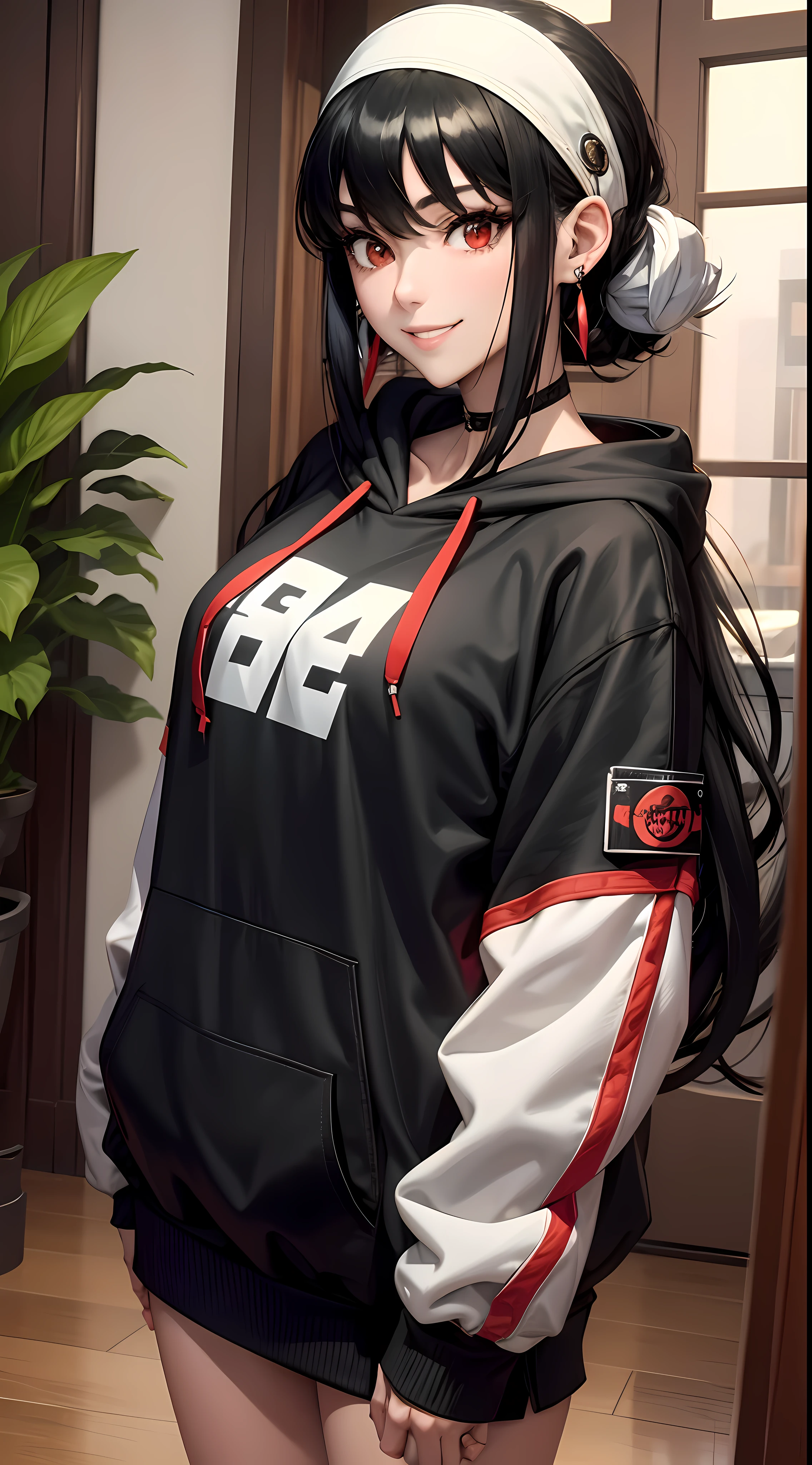 masterpiece, yor, 1girl, solo, looking at viewer, cute smile, black hair, red eyes, wearing Streetwear Hoodie, black jeans, jewelry, sidelocks, hairband, earrings, indoors, arms behind back, plant, short hair with long locks, white hairband, big side hair, very long side hair,