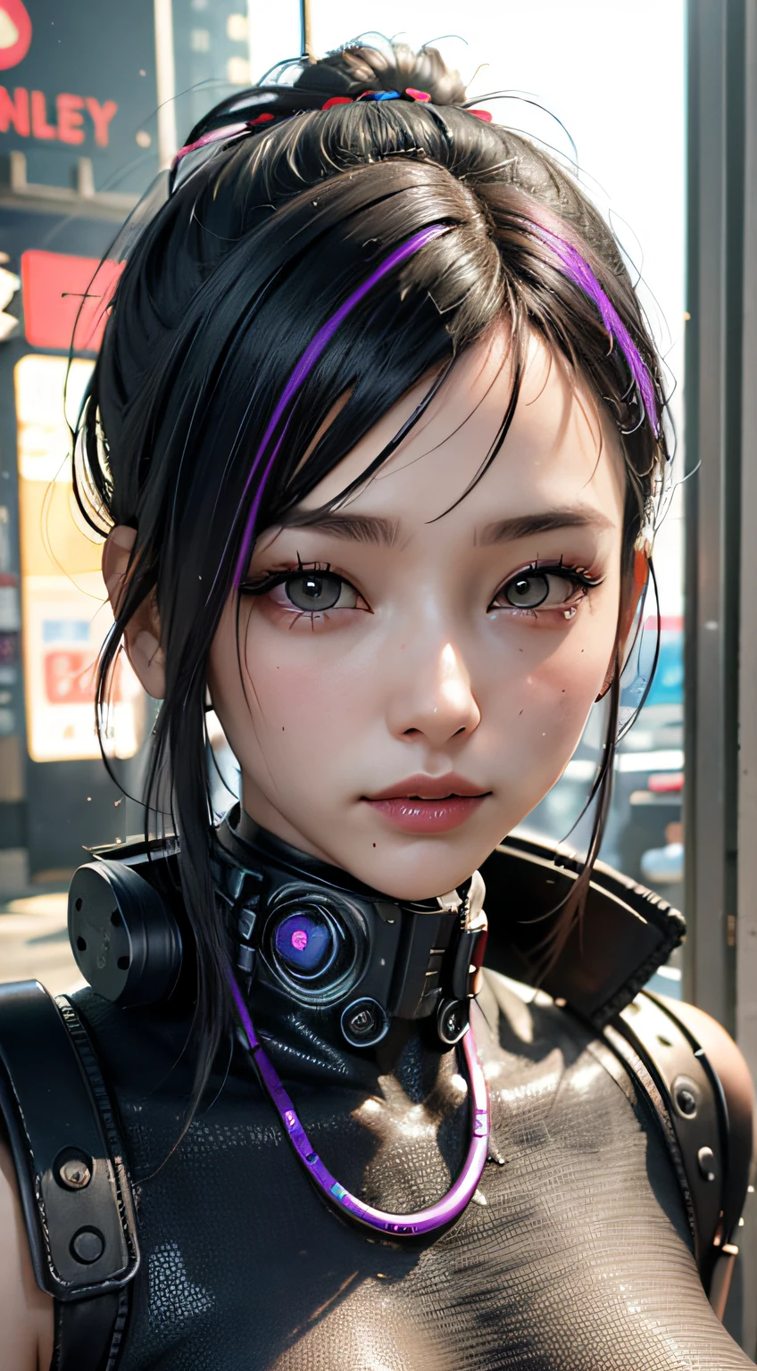 ((Best quality)), ((masterpiece)), (highly detailed:1.3), 3D, beautiful (cyberpunk:1.3) hacker woman with colored hair, black clothes looking at camera