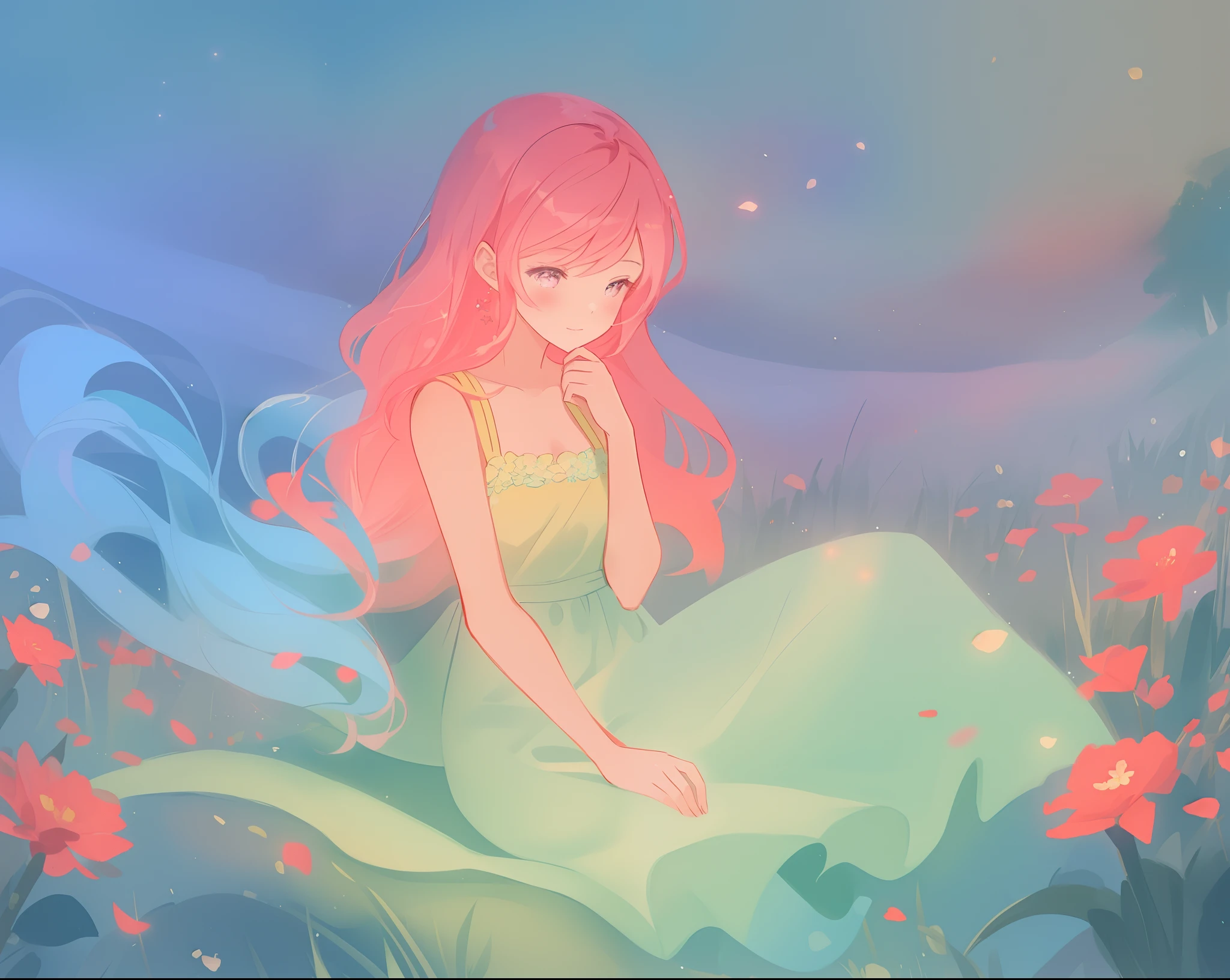 beautiful girl in white dress, fairy dress, beautiful girl sitting in a field with pink red flowers, glowing lights, whimsical landscape, long pink flowing hair, watercolor illustration, inspired by Glen Keane, inspired by Lois van Baarle, disney art style, by Lois van Baarle, glowing aura around her, by Glen Keane, jen bartel, glowing lights! digital painting, flowing glowing hair, glowing flowing hair, beautiful digital illustration, fantasia otherworldly landscape plants flowers, beautiful, masterpiece, best quality, anime disney style