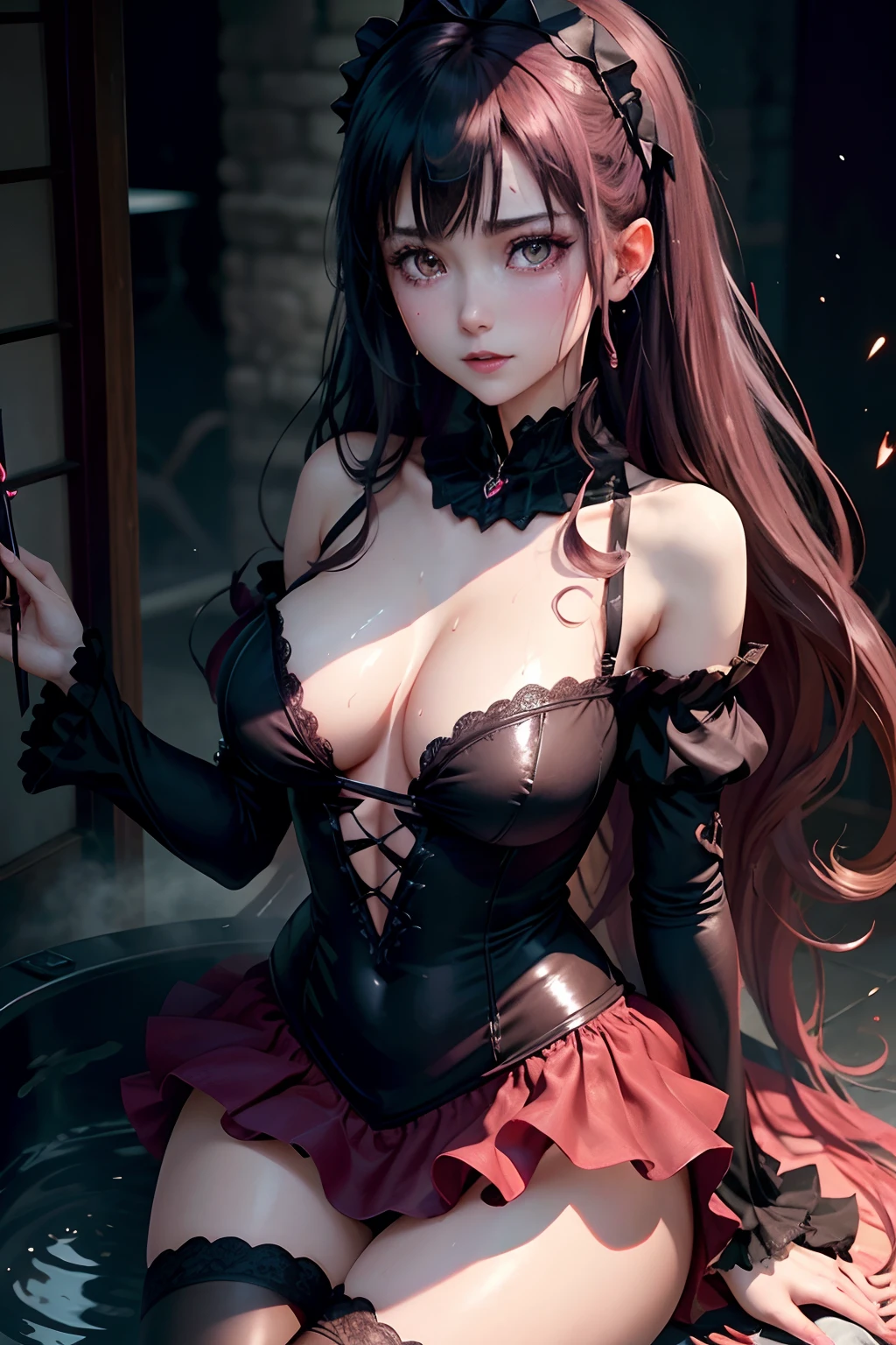 Fornication、Hard Dark Gothic Makeup、Maniacal、Deep night sky、horor、Black Dark Eyeshadow、slaves、crying how bright、mourn、Sad songs、Good skin luster、Lace pink、Long hair straight hair、Dark Gothic Makeup、Dark smile、Restless Palace、Expressions of sexual arousal、Fragrant beauty、18year old、carriage、Lying、seductiv、Strong sexual pleasure facial expressions、A look of shame、Dark Gothic、Gothic Long Dress、Gothic ta、masturbation、bell sleeves、Wizard Sleeve、Obscene look、Stained glass background、masutepiece、Best Quality、Ultra-detailed、Refers to 5 books、Sweat glitters on my chest、A little glitter of sweat on the face、Expression of sexual pleasure in anguish、Drunken face、maid clothes、Nasty Woman、Mysterious、noble、Face holding back the toilet、Goth lolithes、Black pretend skirt、the body is wet and shiny、Transcendent sex appeal、sexy pose、Nasty poses、Face of fiery body、sloppily open your legs、Sweating profusely、Glitter on thighs、I'm sweating a lot、a little slender、Breast Size Medium、Affectionate smile、twin-tail hair、bright pink hair、Glamour、sprawl、open one's legs、The thighs are quite wet、stick out buttocks、Underwear is of normal size、